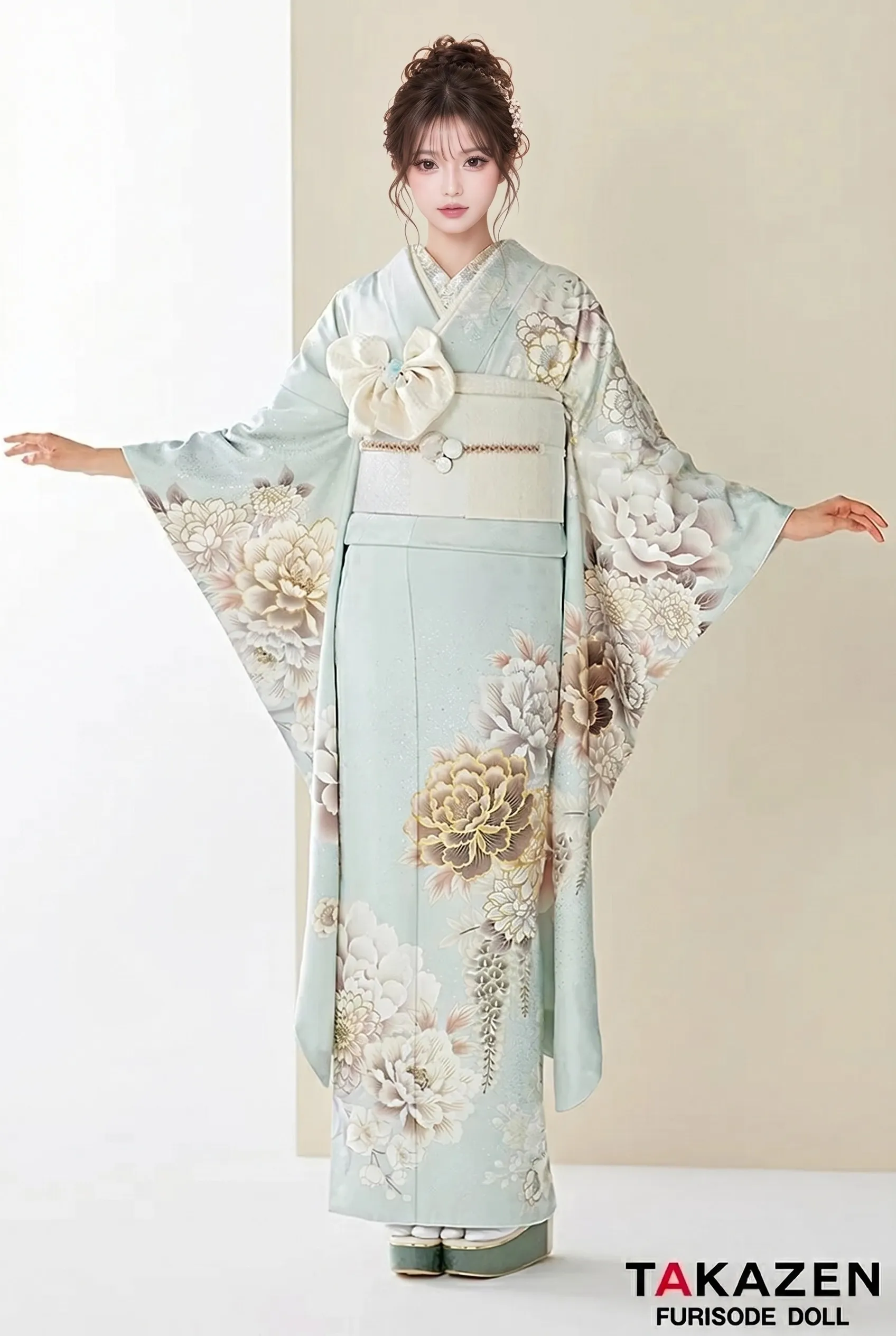 くすみカラー古典　くすみグリーン/ミントグリーン/水色　牡丹柄　かわいい　人気　假屋崎省吾デザイン　23004