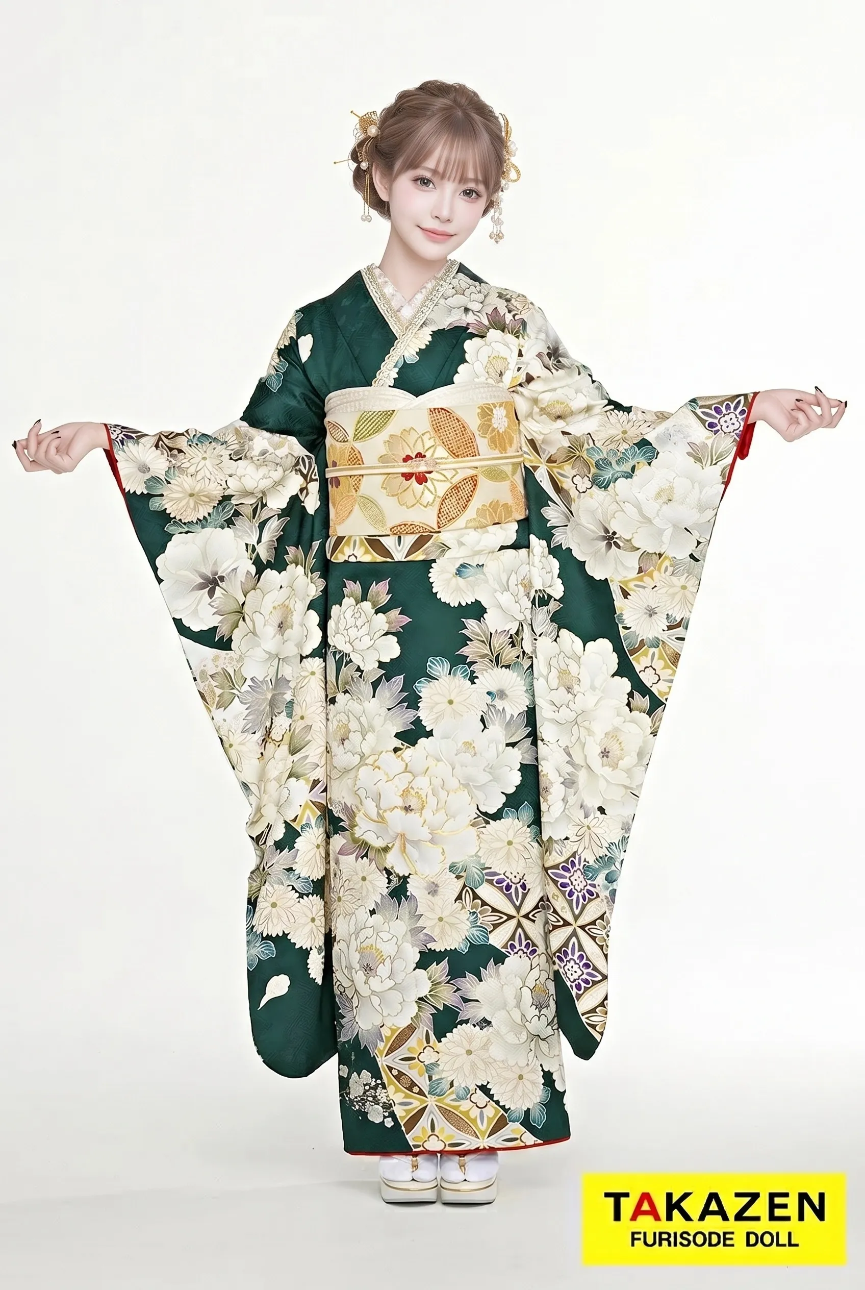 正統派古典　グリーン/白　牡丹柄/和柄　豪華振袖ネットレンタル　伝統的な　大人っぽい　24053