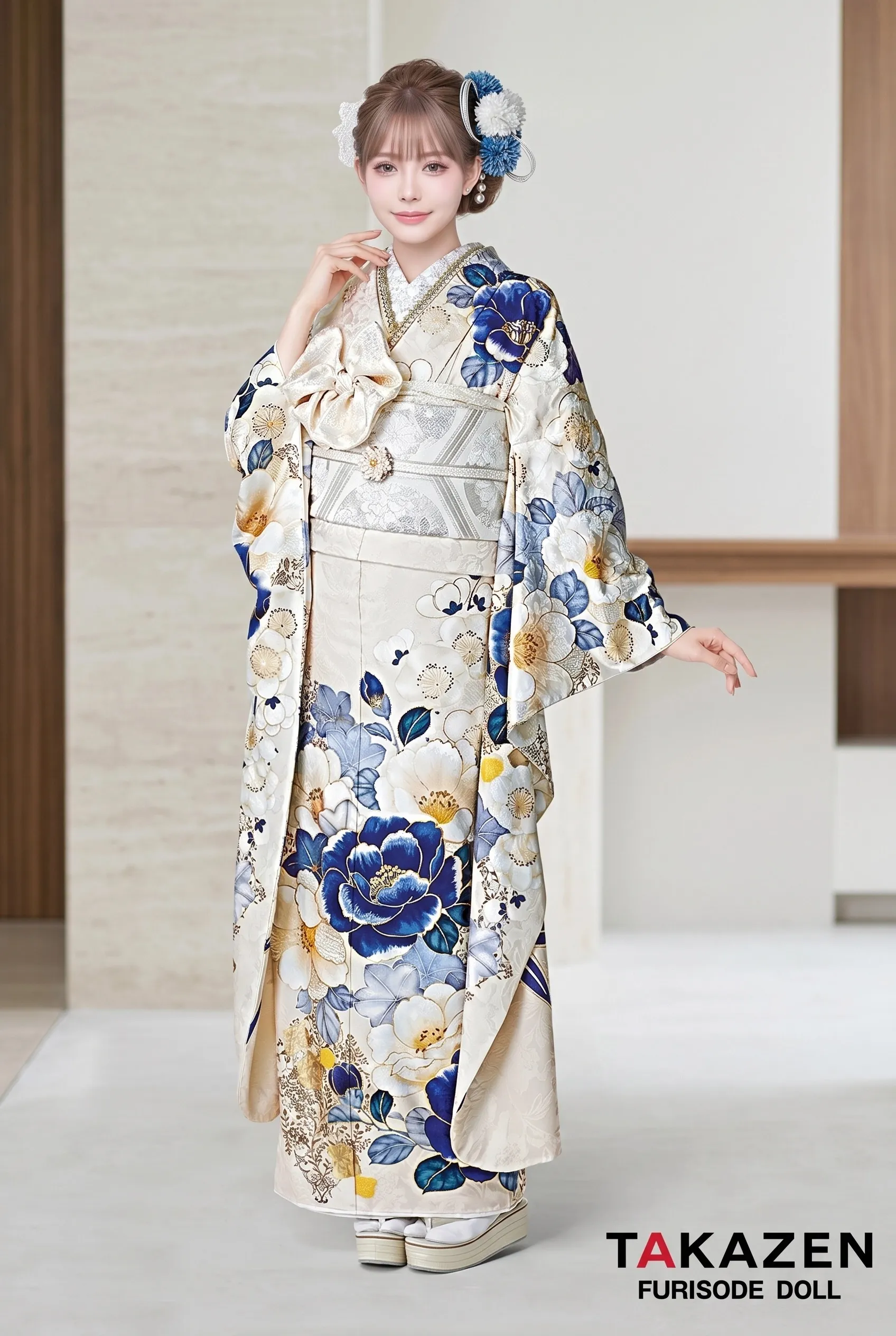 正統派古典　クリーム/青　椿柄　上品　寒色系　かわいい　統一感のある着こなし　25067
