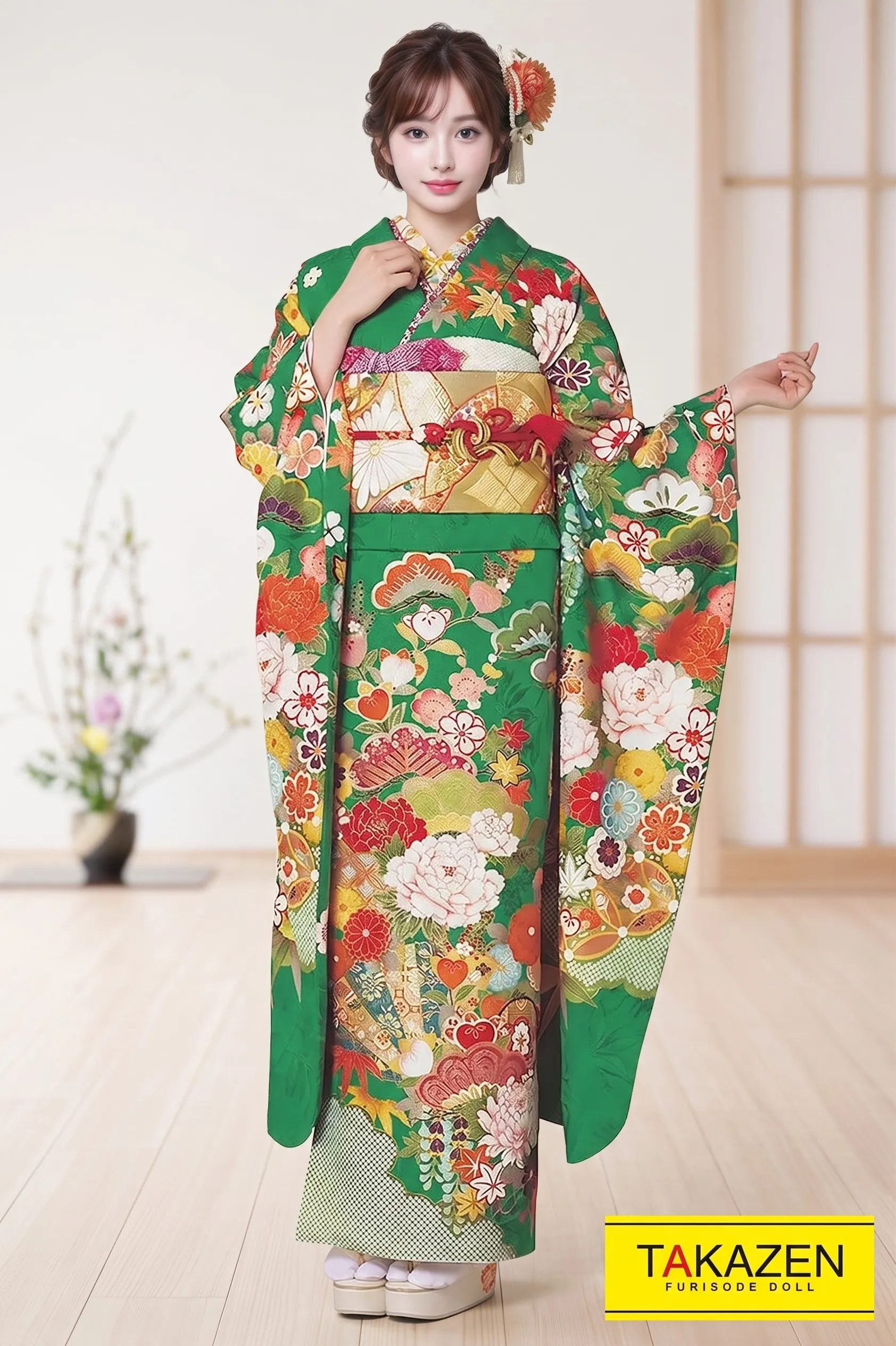 正統派古典　鶸色/グリーン(黄緑色)　牡丹柄　大人可愛い　鮮やか古典振袖振袖ネットレンタル　上品　　32053
