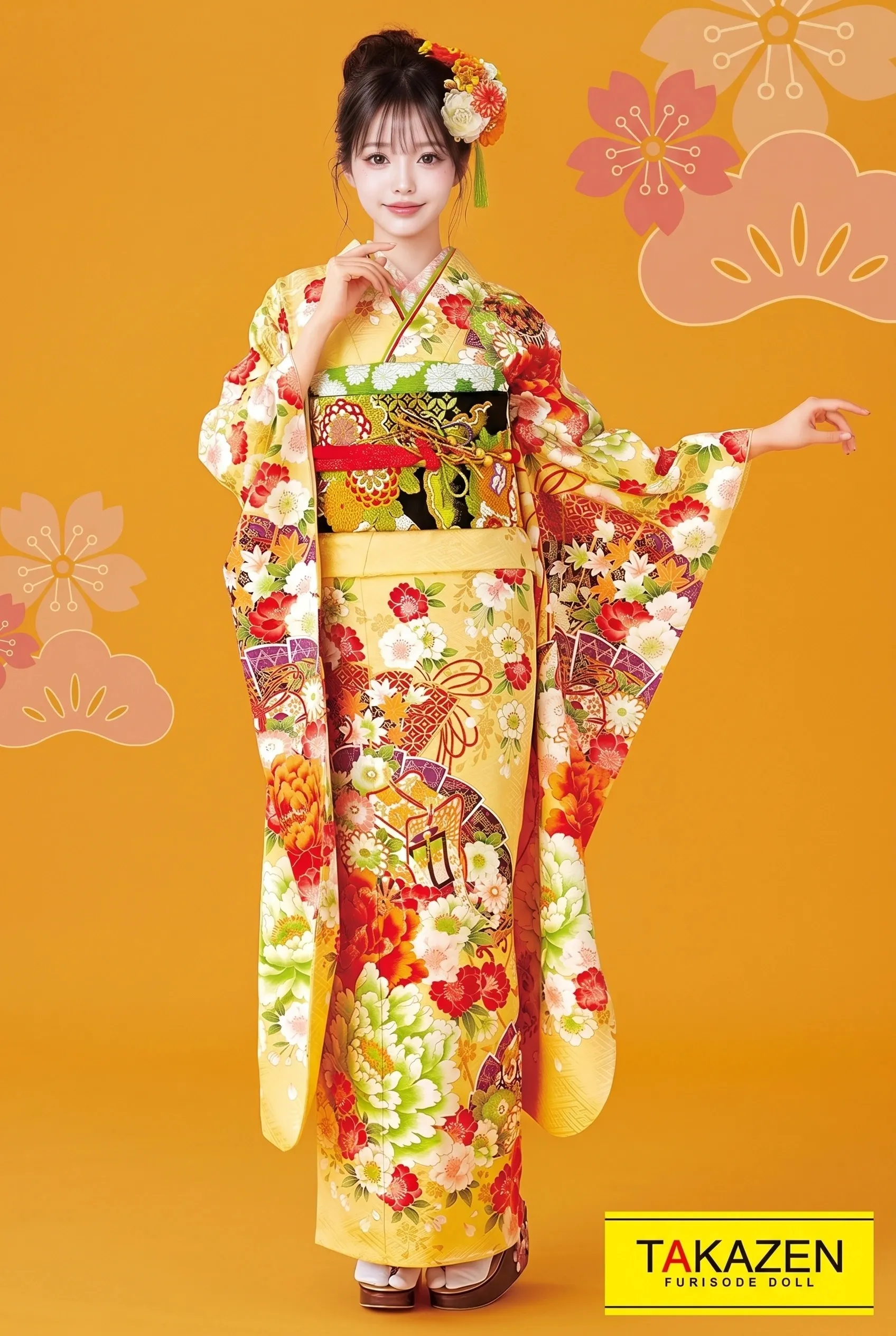正統派古典 オレンジ/黄色 ボタン柄/大柄 上品 大柄古典振袖ネット