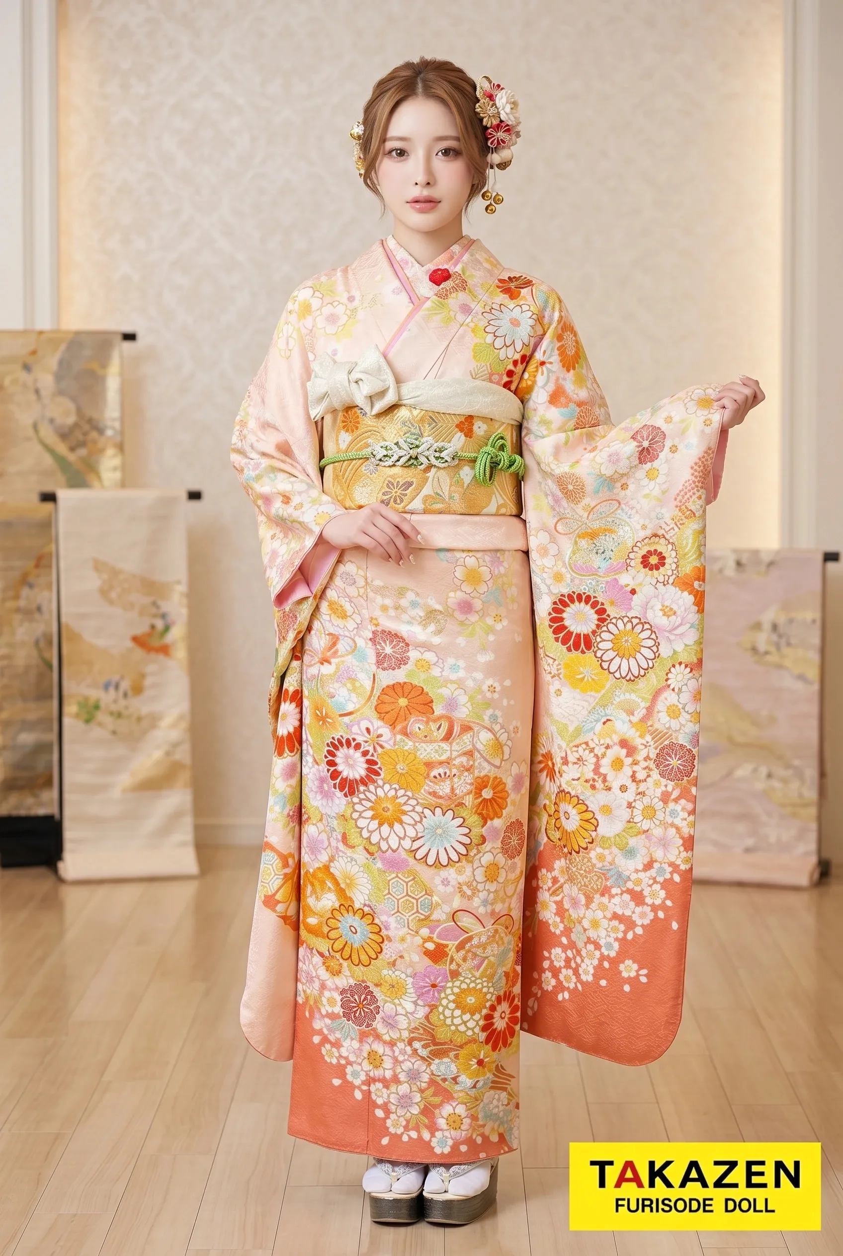正統派古典　ピンク/水色　菊柄/柄小さめ　おしとやか　淡い色　絞り　可愛らしい振袖ネットレンタル　M6
