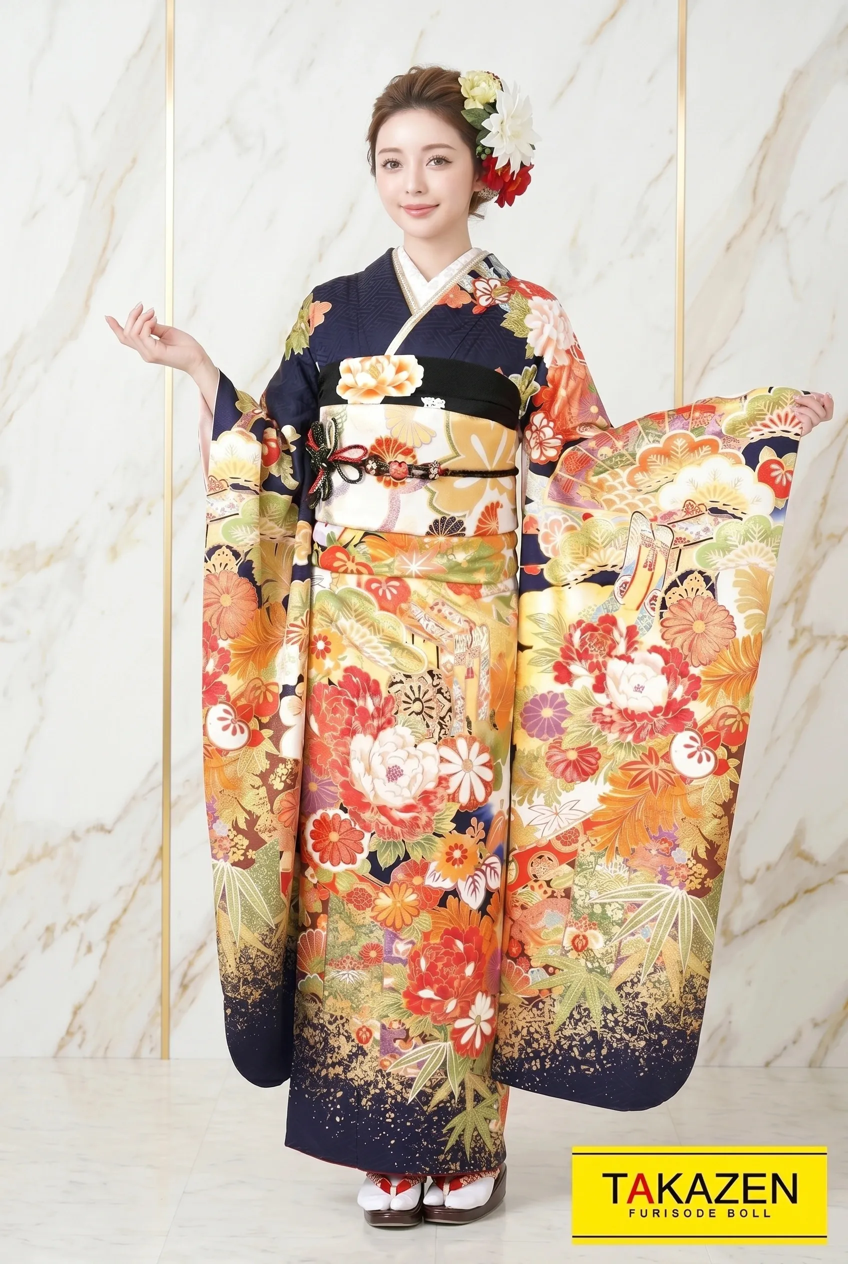 正統派古典　紺(ブルー)/ゴールド(金)　ボタン柄　豪華　目立つ　高級金彩古典振袖ネットレンタル　綺麗　　YK0087