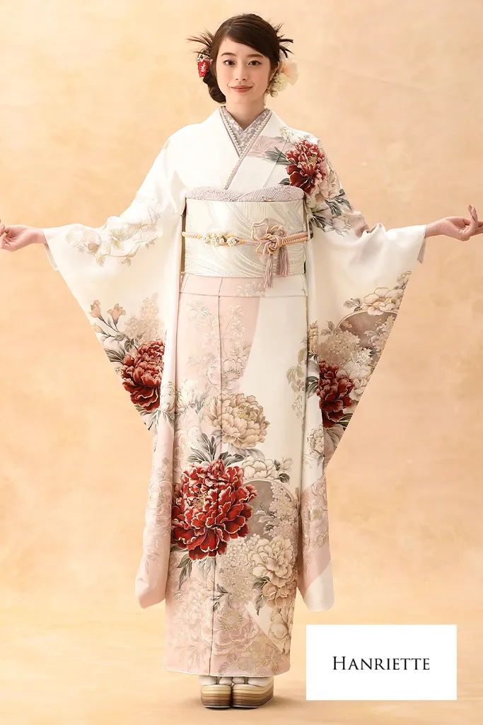 正統派古典　薄ピンク/淡い色　牡丹柄　くすみ系　かわいい　やわらかい印象　おしとやか振袖ネットレンタル　K1208