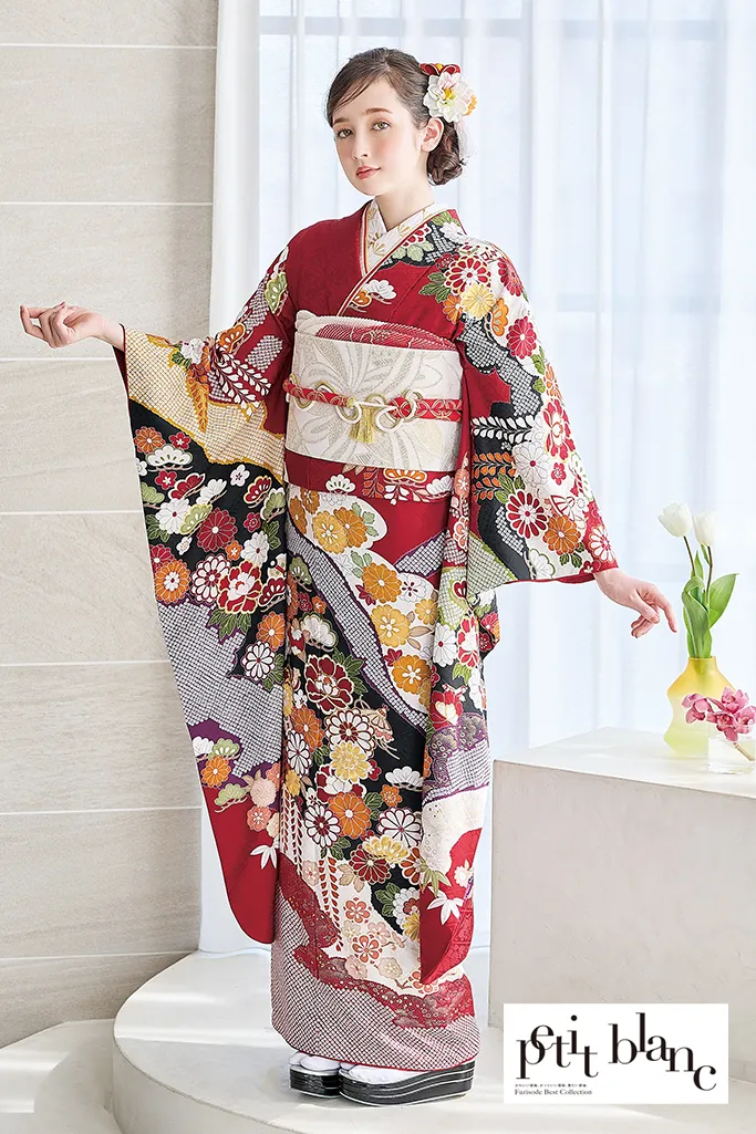 正統派古典　赤/赤地　藤の花/菊柄　清楚　定番　人気　上品　はんなり　柄小さめ振袖ネットレンタル　K1218