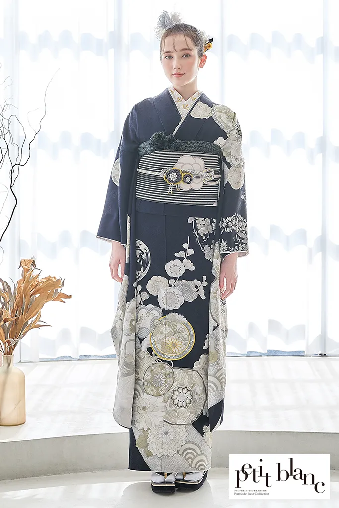 正統派古典　ネイビー/紺色/白　鶴/菊柄　おめでたい柄　清楚　定番　人気　上品　はんなり　大人っぽい振袖ネットレンタル　K1219