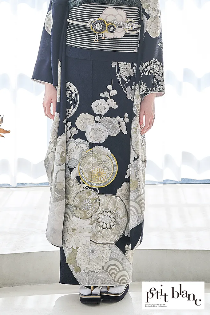 正統派古典　ネイビー/紺色/白　鶴/菊柄　おめでたい柄　清楚　定番　人気　上品　はんなり　大人っぽい振袖ネットレンタル　K1219