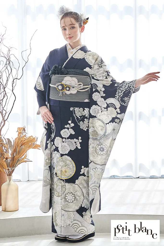 正統派古典　ネイビー/紺色/白　鶴/菊柄　おめでたい柄　清楚　定番　人気　上品　はんなり　大人っぽい振袖ネットレンタル　K1219