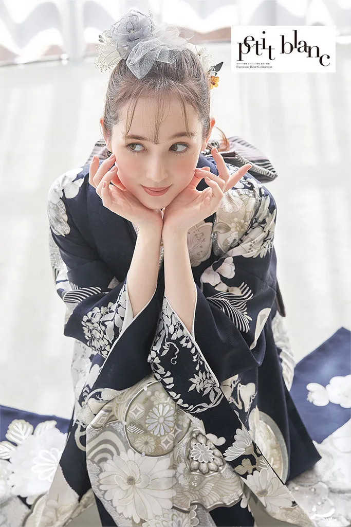 正統派古典　ネイビー/紺色/白　鶴/菊柄　おめでたい柄　清楚　定番　人気　上品　はんなり　大人っぽい振袖ネットレンタル　K1219