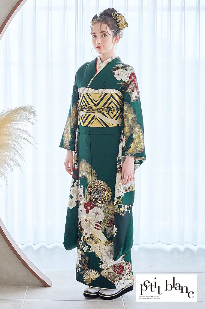 正統派古典　緑　菊柄/針松柄　大人っぽい　綺麗系　清楚　定番　おしとやか　上品　はんなり　振袖ネットレンタル　K1223