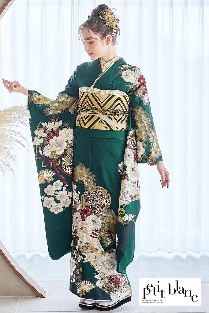 正統派古典　緑　菊柄/針松柄　大人っぽい　綺麗系　清楚　定番　おしとやか　上品　はんなり　振袖ネットレンタル　K1223