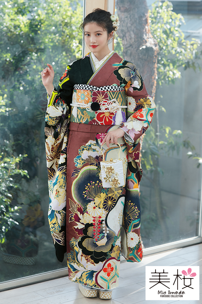 今田美桜振袖ネットレンタル　茶/ブラウン/グリーン(緑色)　落ち着いた色味　古典柄　大正ロマン風　K304