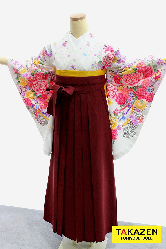 安いキュート系袴　白/白ベース　花柄/柄小さめ　華やか　白ピンク　ガーリー系袴ネットレンタル　小学生卒業式袴　安い　Y15