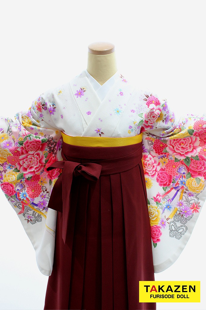 安いキュート系袴　白/白ベース　花柄/柄小さめ　華やか　白ピンク　ガーリー系袴ネットレンタル　小学生卒業式袴　安い　Y15