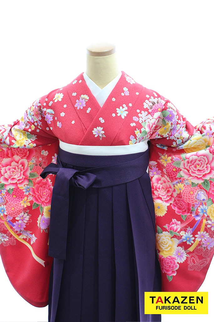 格安ガーリー系袴　ショッキングピンク　ボタン柄/花柄　可愛い　キュート　量産型　目立つ　女の子らしい　安い袴ネットレンタル　Y16