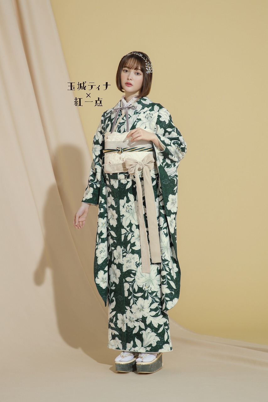 玉城ティナ×紅一点振袖ネットレンタル　緑/グリーン　すみれ柄/総柄　大人かわいい　リボンコーデ　着こなし自由　K795
