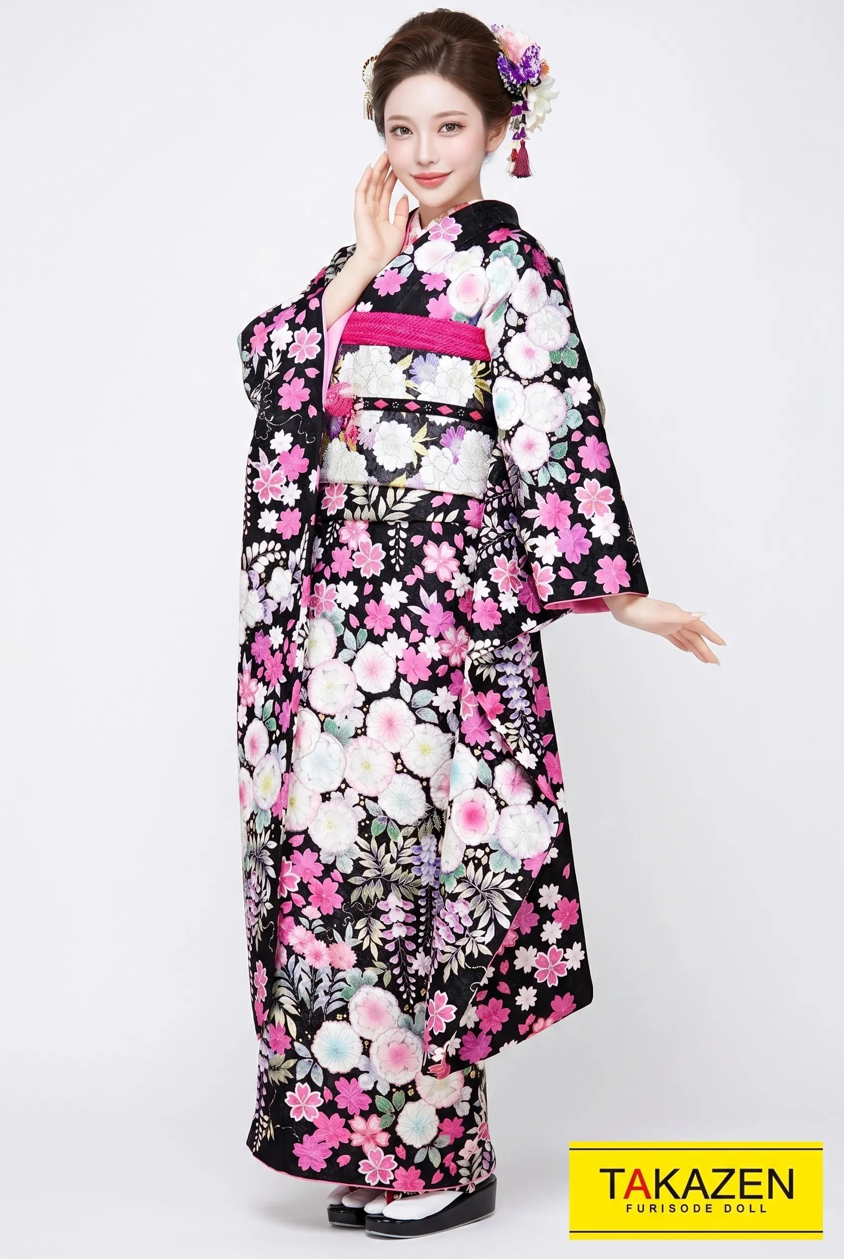 正統派古典　黒/ピンク/白　　辻が花柄/唐絞り　上品　かわいらしい振袖ネットレンタル　おしとやか　#F0048