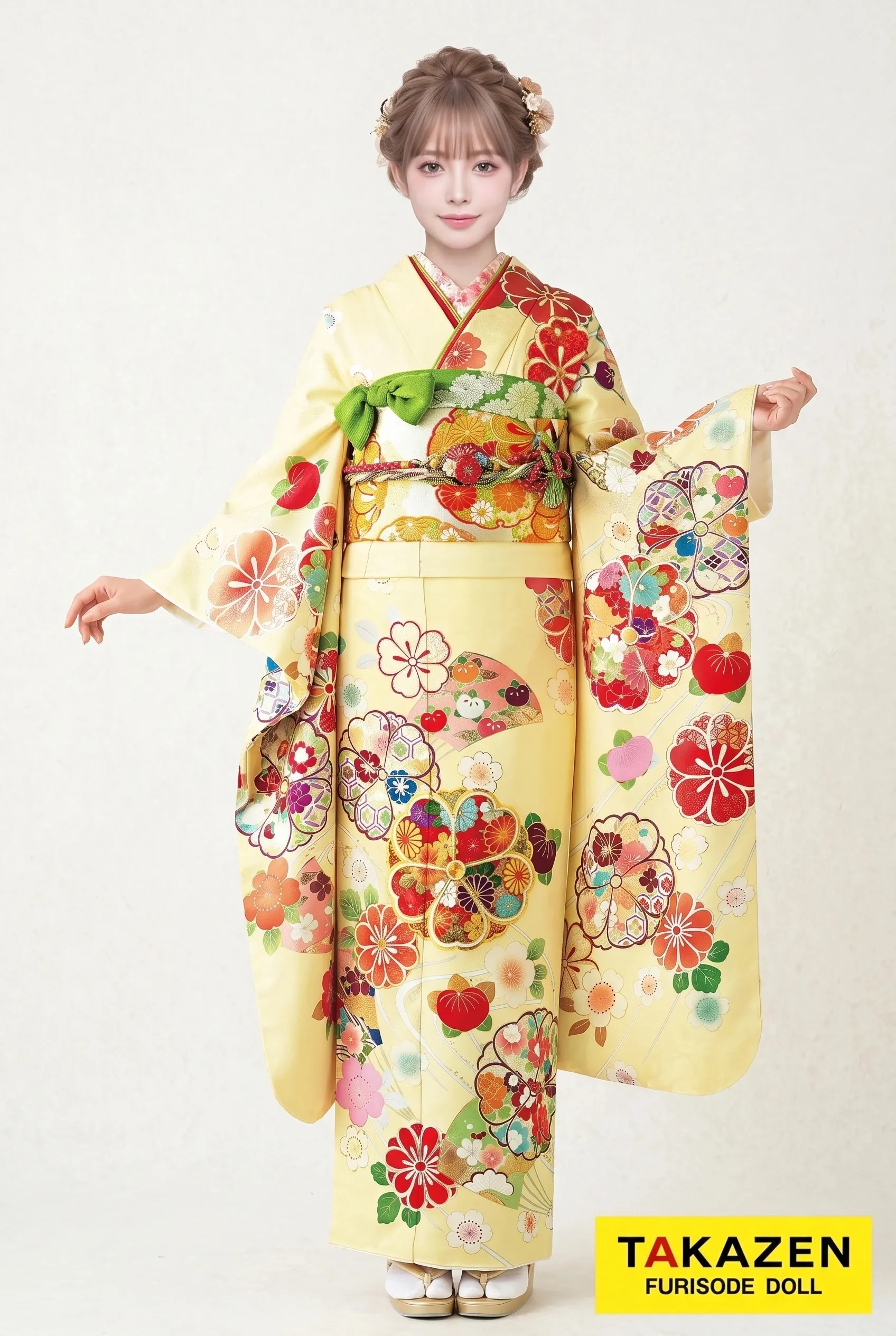 正統派古典　黄/クリーム/パステルカラー　桜柄　　可愛らしい　ふんわり古典振袖通販　インクジェット大賞受賞柄　上品　　22011