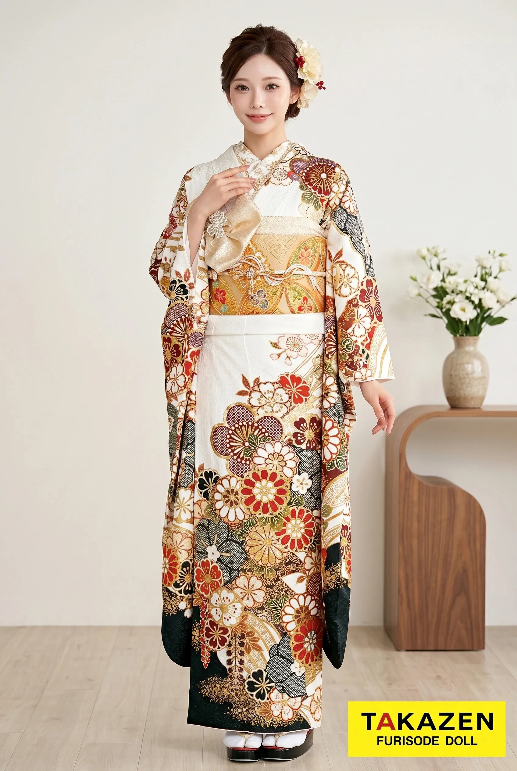 正統派古典　白/黒/赤　菊柄　かわいい　清楚　伝統的振袖　金彩刺繍京友禅　南琴奈　24046