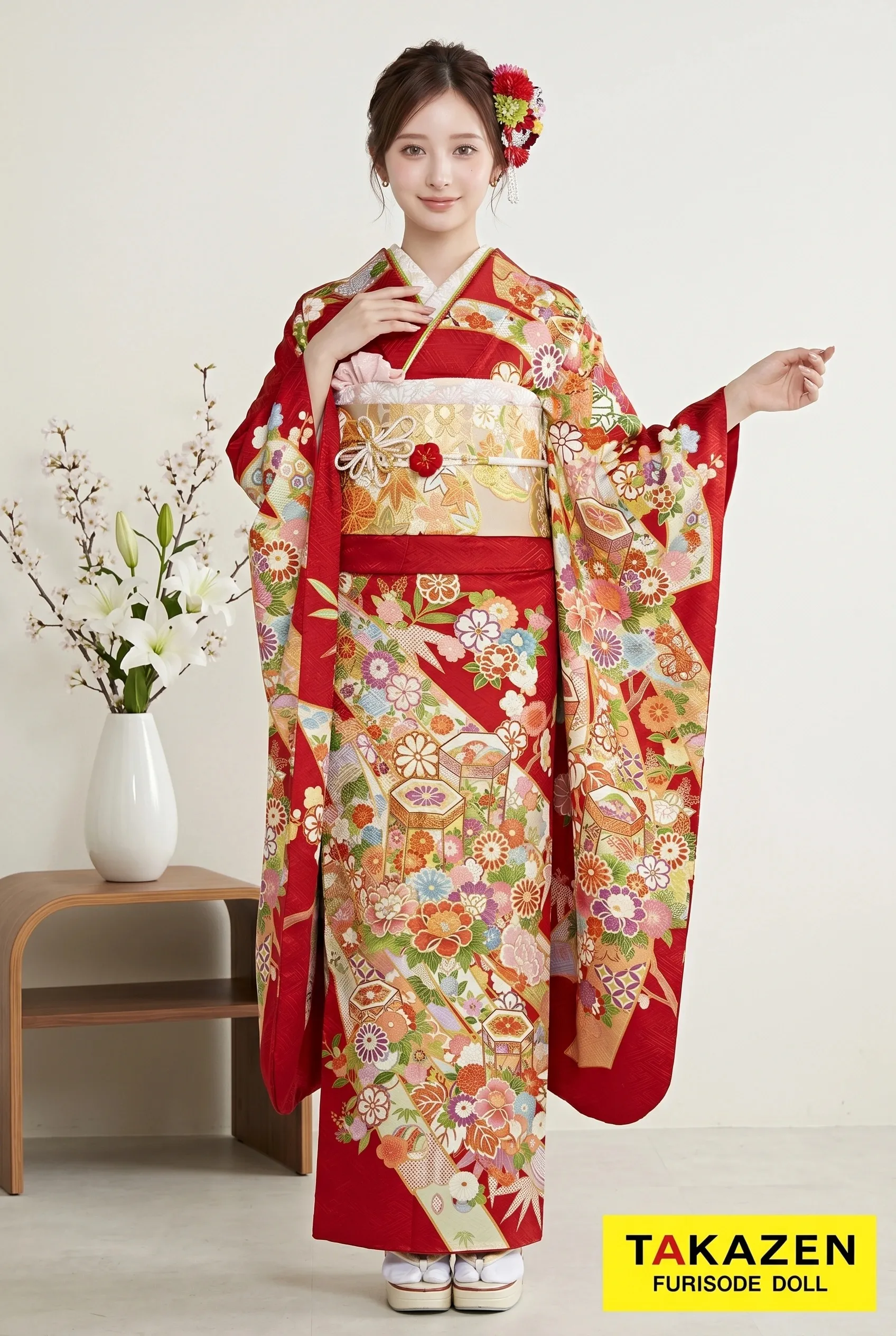 正統派古典　赤/緑　熨斗/貝桶柄　上品振袖ネットレンタル　最高級金彩手描友禅　清楚　南琴奈　24047