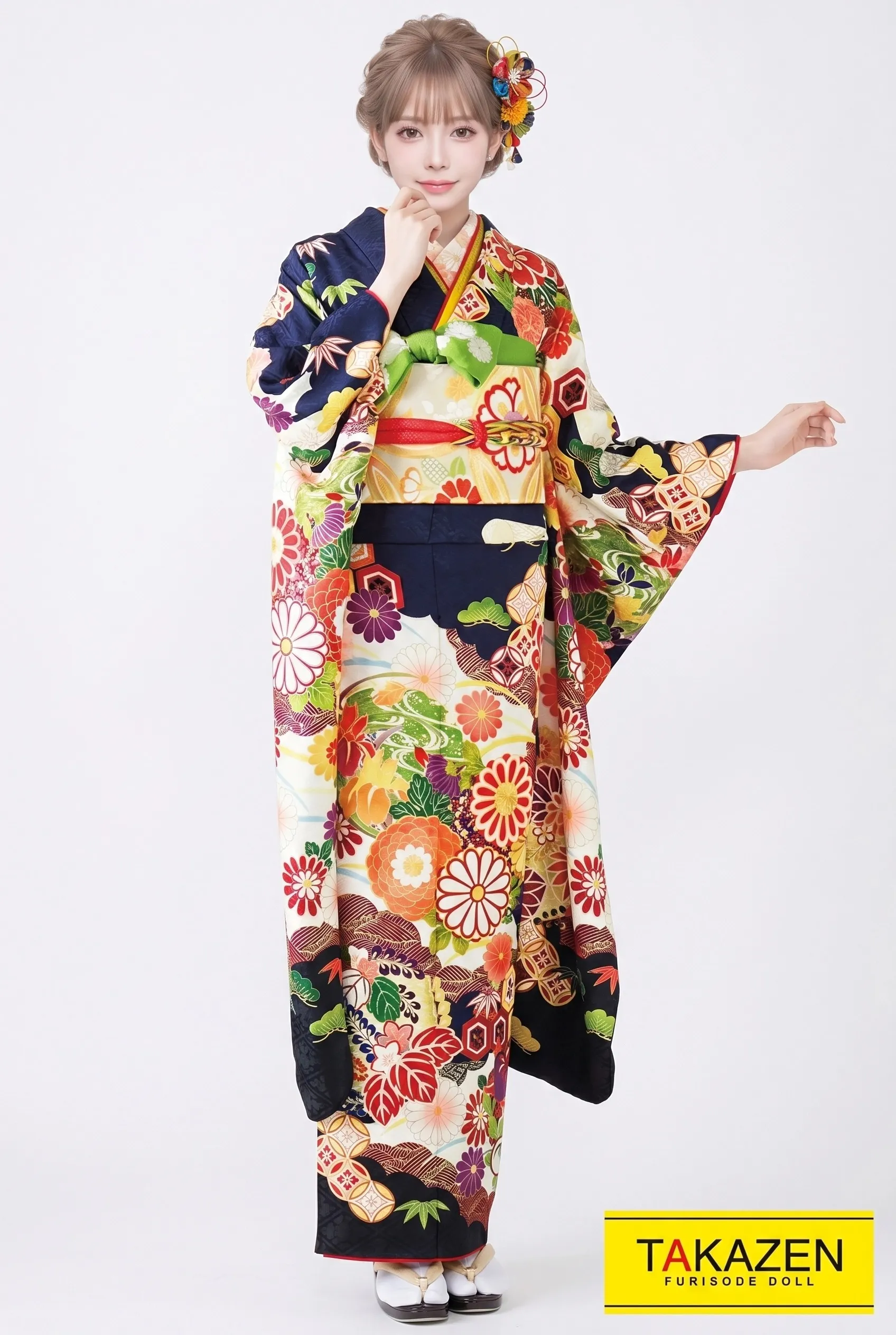 正統派古典　紺(ブルー)/赤/クリーム/　菊柄/和柄　上品　大人かわいい古典柄　綺麗な刺繍　　32040