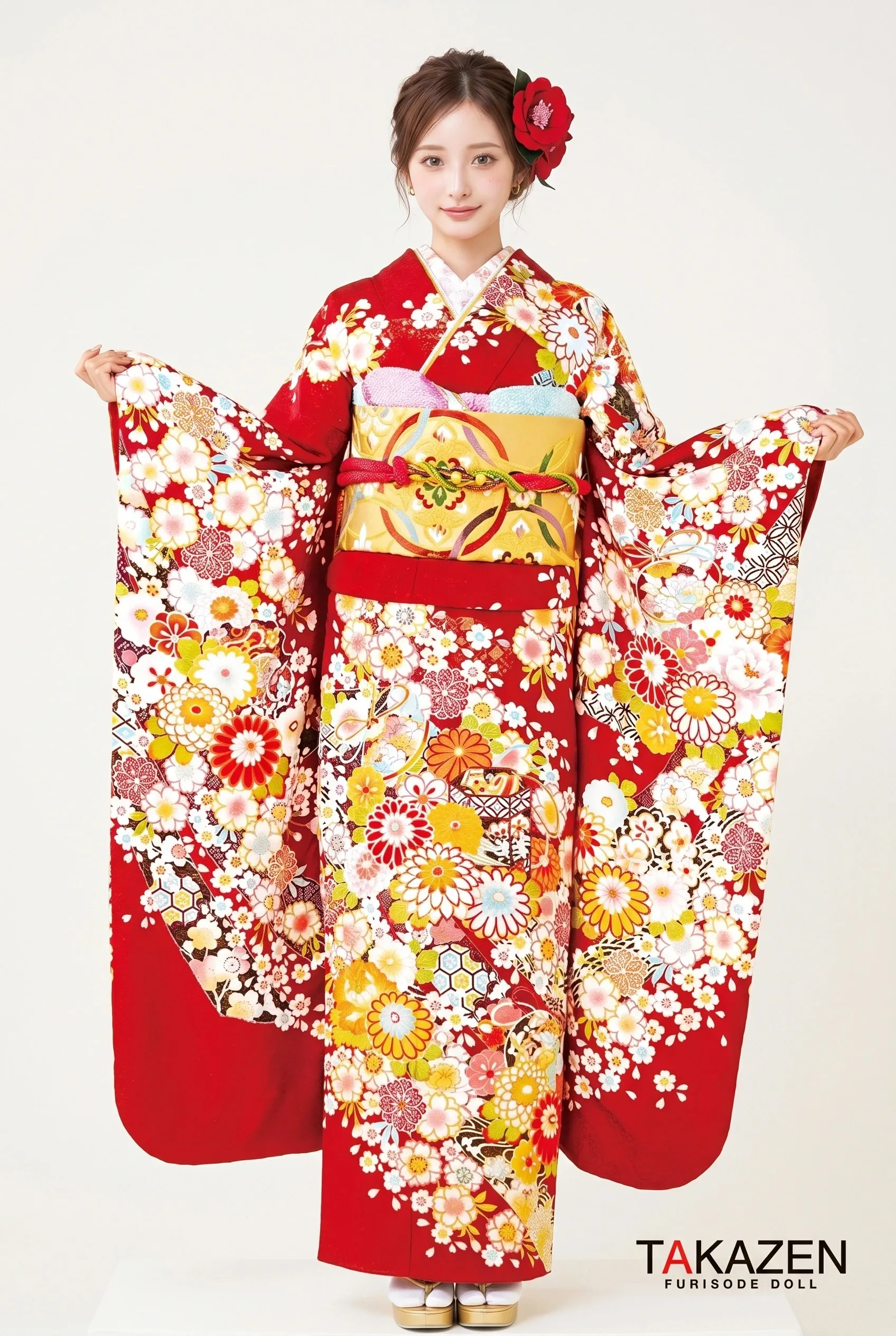 正統派古典　赤/白/クリーム　菊柄/小花柄/絞り風柄　上品　　かわいい古典振袖ネットレンタル　毎年人気　定番　華やか　32071