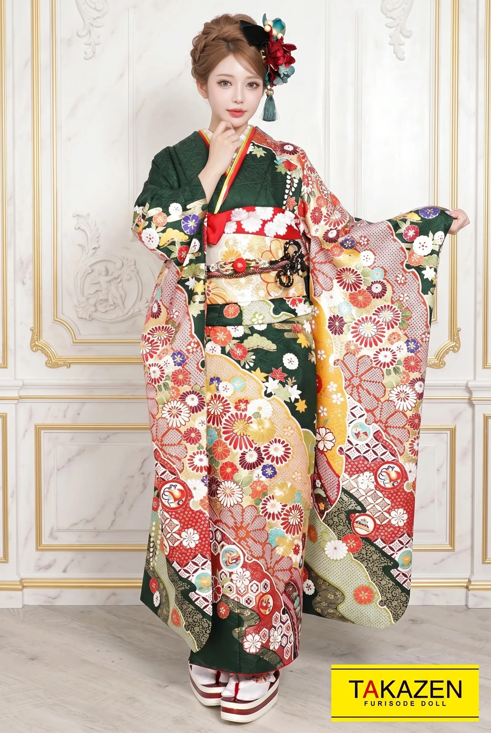 正統派古典　緑/赤　和柄/柄多め　人気　定番　清楚振袖ネットレンタル　かわいい　YK0085