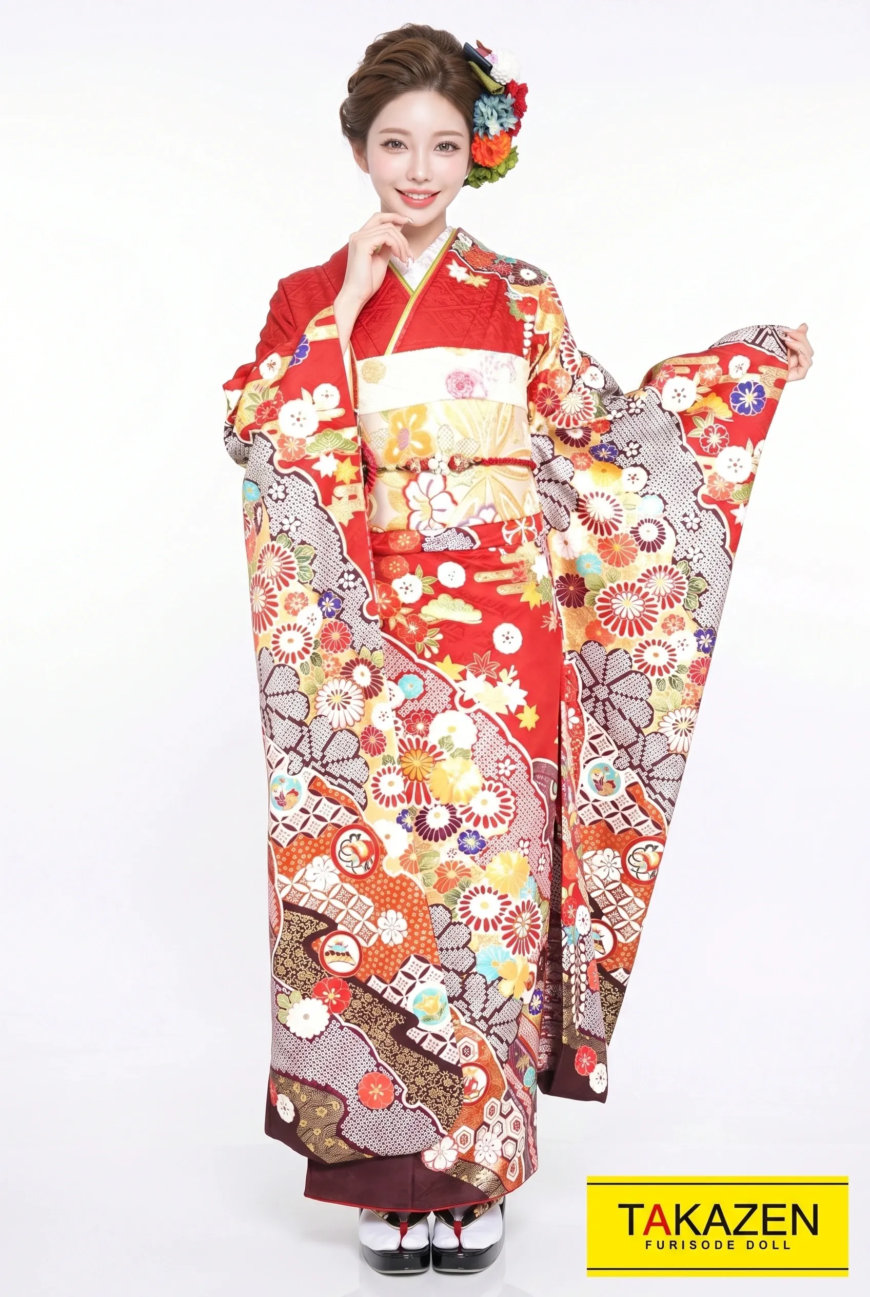 正統派古典　赤/ゴールド(金色)　絞り柄/花柄　華やか定番人気　華やか　古風古典振袖ネットレンタル　おしとやか　上品　　YK0086