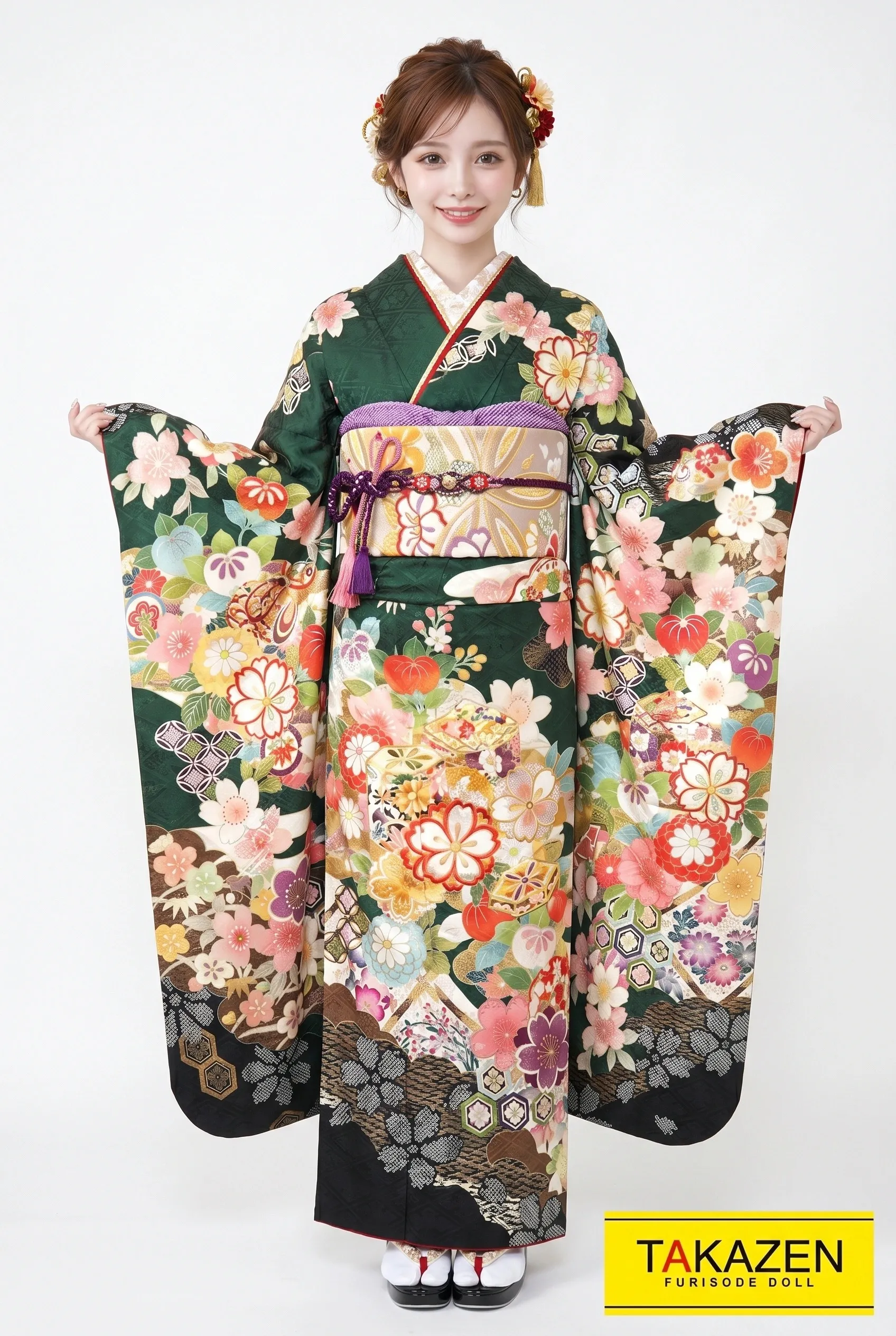 正統派古典　深緑/グリーン(緑色)　桜柄　上品　豪華　大人っぽい古典振袖ネットレンタル　定番人気　　YK0105