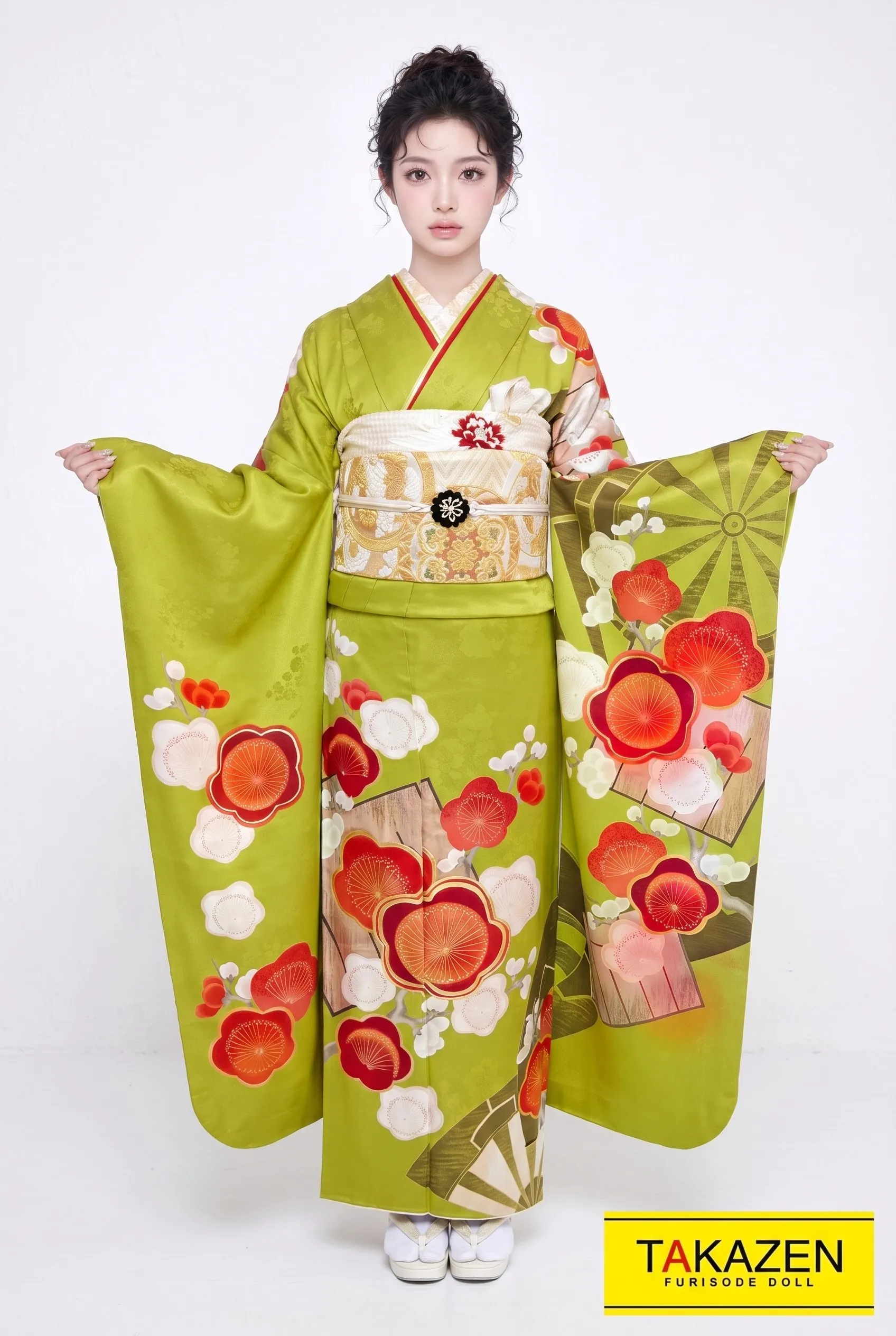 正統派古典　鶸色/グリーン(黄緑)/オレンジ　梅柄/すっきり柄　上品　おしとやか古典振袖ネットレンタル　大人かわいい　YK167