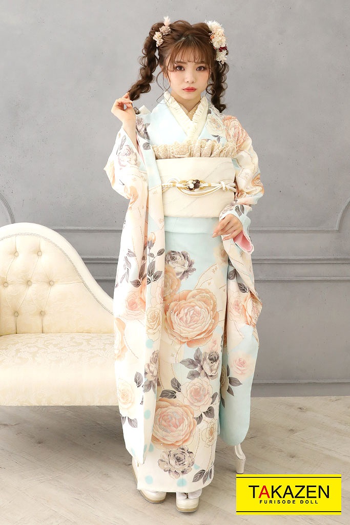 ゆるふわかわいい淡い色おしゃれ振袖 みゆみゆちゃん着用 ブルー 水色 ベージュ G5 全国対応 振袖通販レンタルならフリソデドール By Takazen 成人式振り袖 卒業式袴レンタルno 1