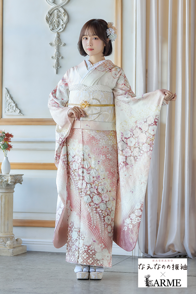 なえなのの振袖×LARME　ピンク　辻が花/藤　正統派古典　かわいい　綺麗系　華やか　上品　ラメ入り生地振袖ネットレンタル　K1241