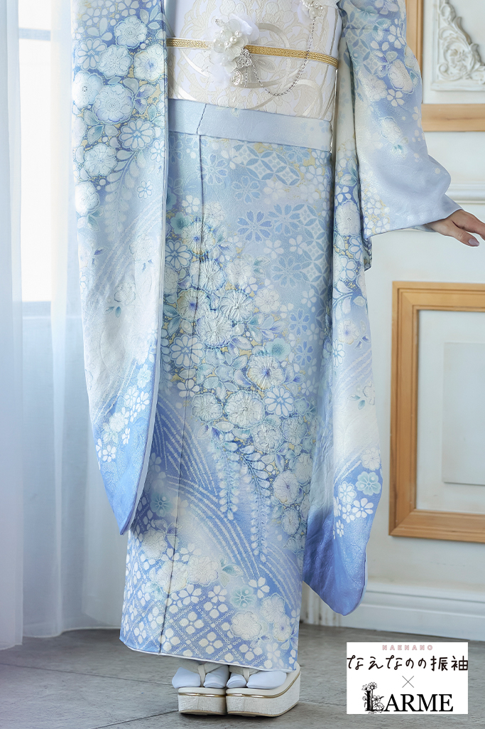 なえなのの振袖×LARME　水色　辻が花/藤　正統派古典　かわいい　きれいめ　華やか　清楚　ラメ入り生地振袖ネットレンタル　K1242