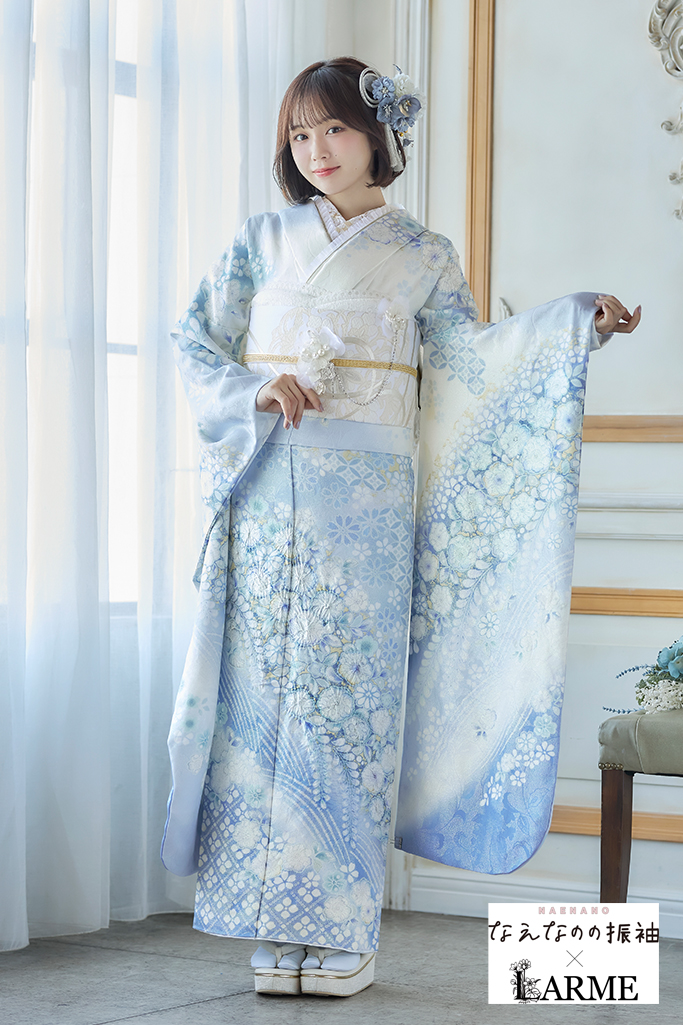 なえなのの振袖×LARME　水色　辻が花/藤　正統派古典　かわいい　きれいめ　華やか　清楚　ラメ入り生地振袖ネットレンタル　K1242