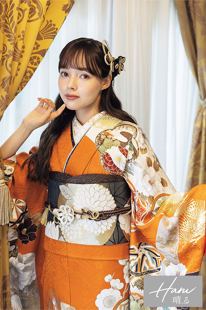 正統派古典　オレンジ/テラコッタ　古典柄/毬柄　華やか　明るい　珍しい色　元気　可愛らしい振袖ネットレンタル　K1091
