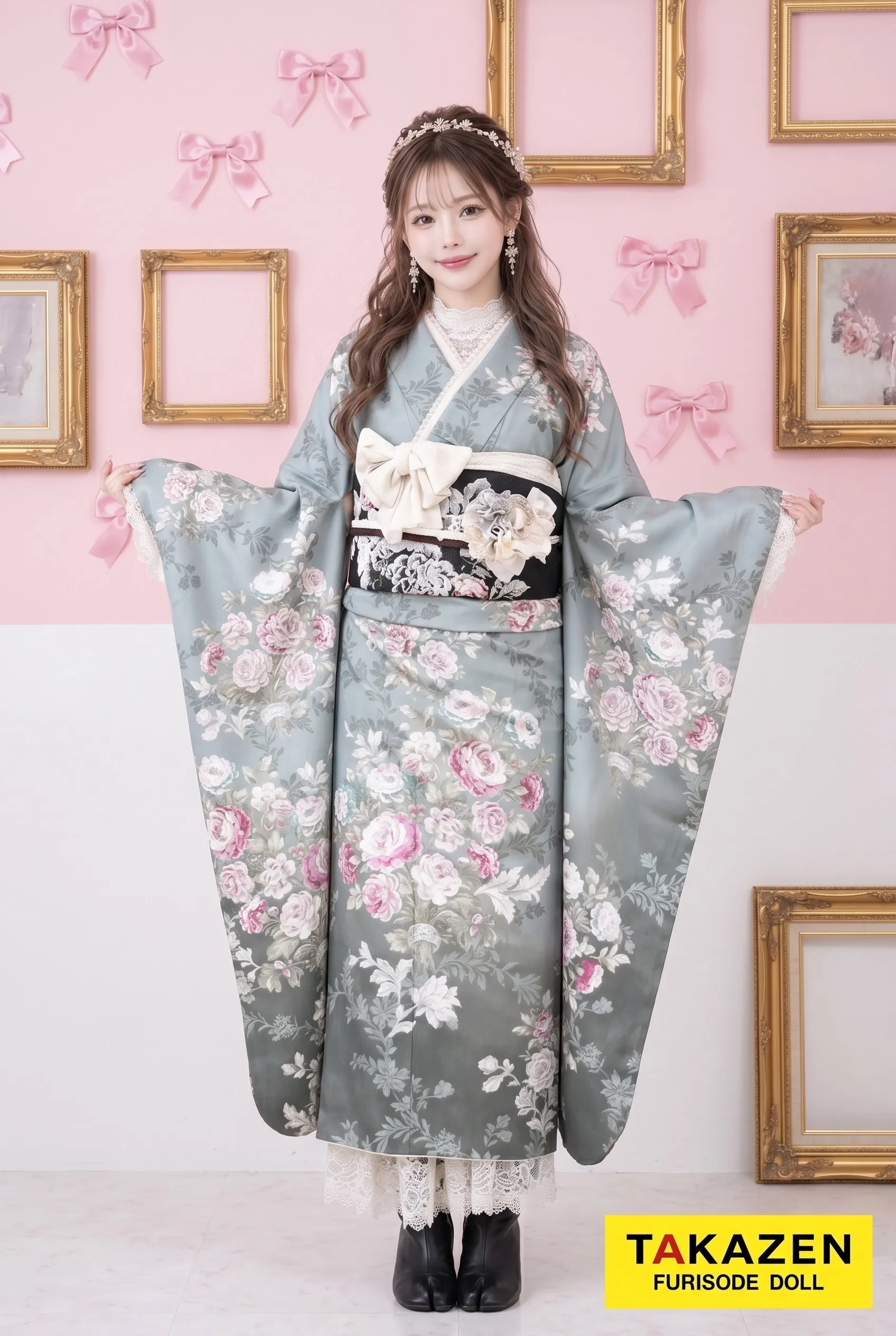 JILLSTUART(ジルスチュアート)振袖ネットレンタル　くすみ/モスグリーン　アンティーク調　かわいい　今どきの着こなし　レースインナーコーデK626