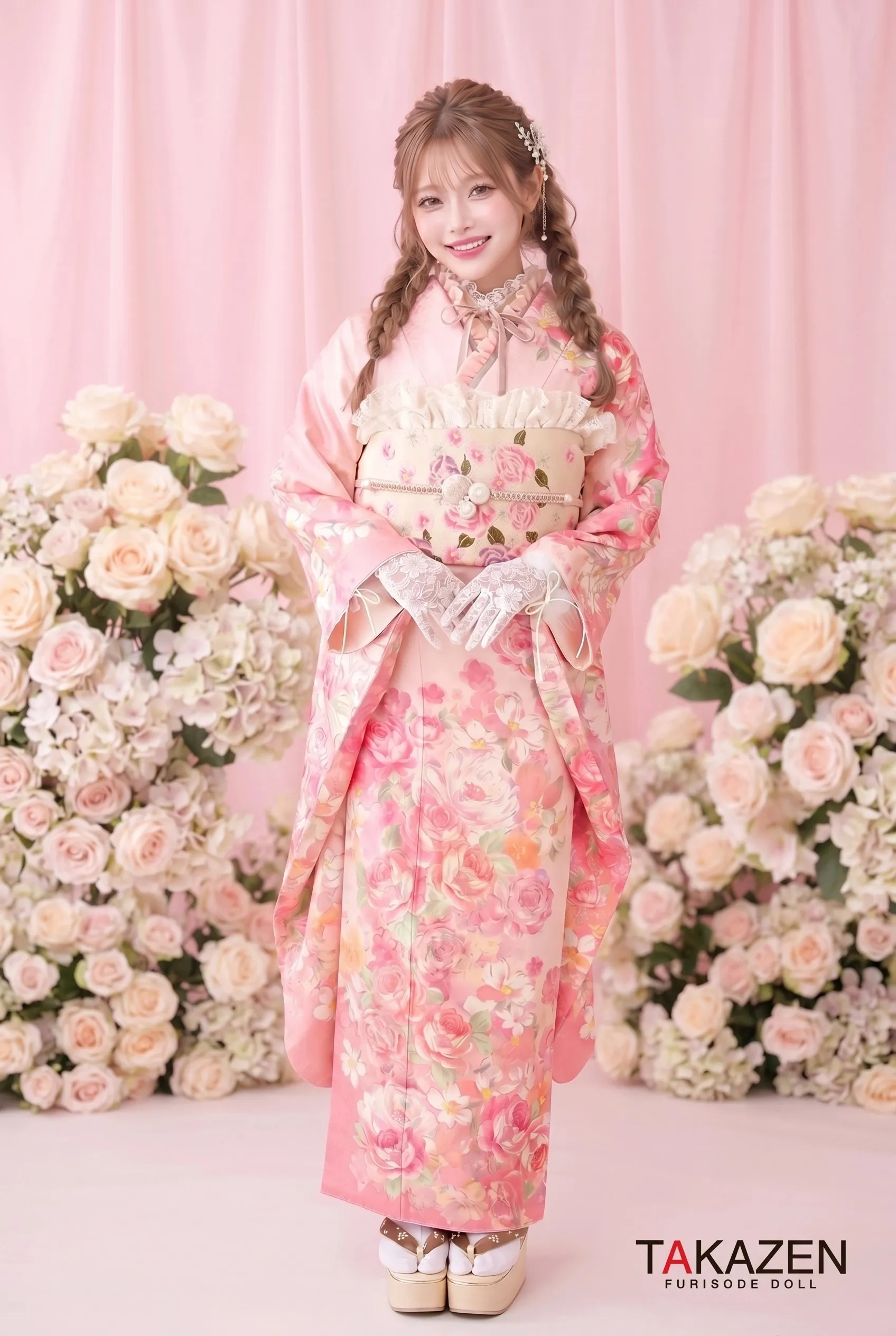 キュートガーリー　薄ピンク/淡色　薔薇柄/柄小さめ　あざと可愛い　リズリサ振袖ネットレンタル　量産型　低身長さんにもおすすめ　G44