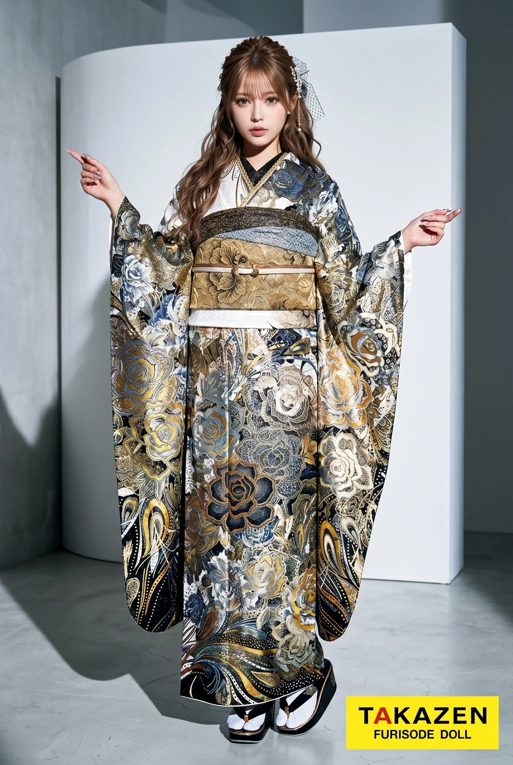 グラマラスモード　シルバー/黒/白　薔薇柄　人気　派手　かっこいい振袖　目立つ　ゴージャス　ギャル　スパンコール振袖　聖菜　32120