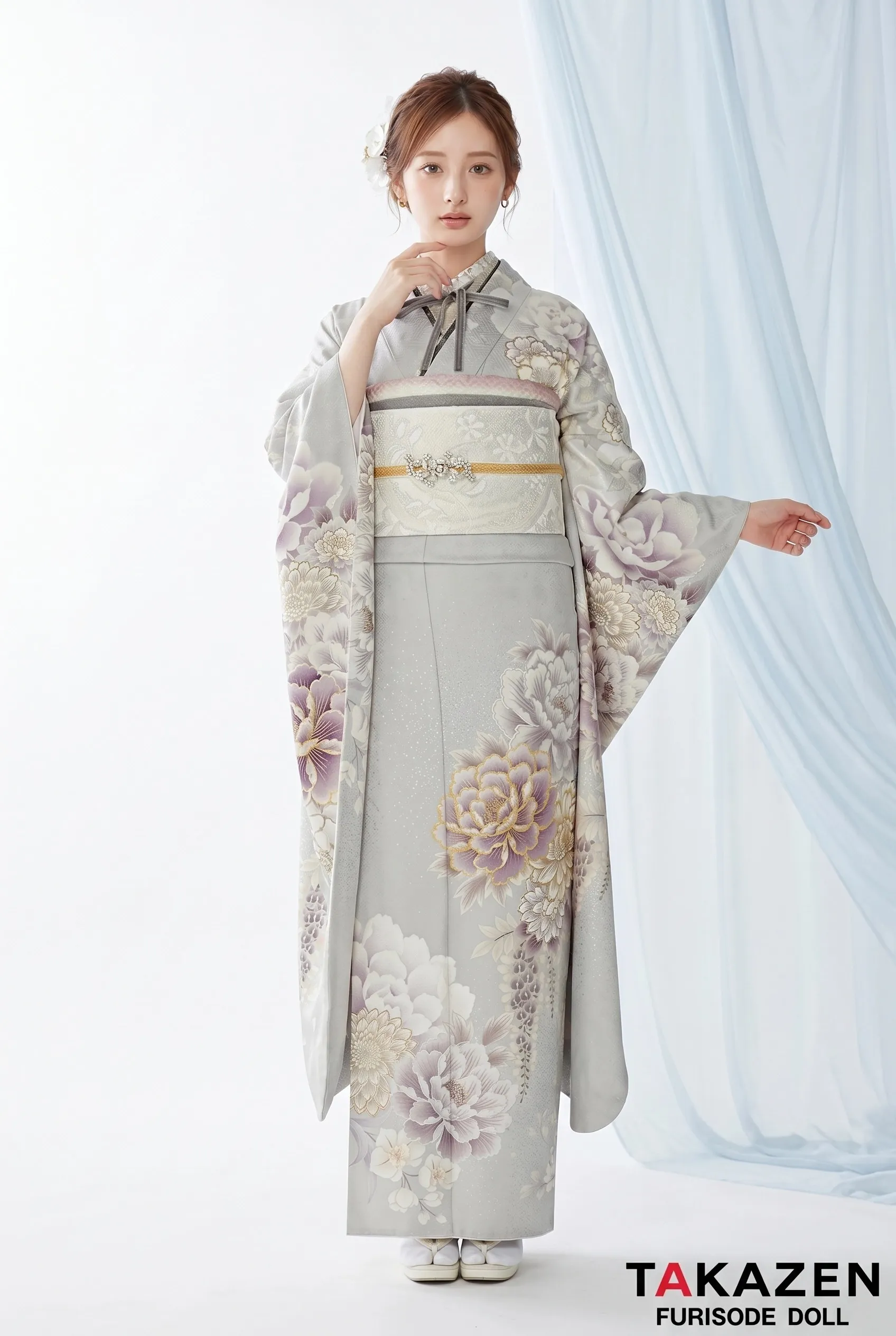 くすみカラー古典　淡い色/薄グレー/ニュアンスカラー　牡丹柄　綺麗な振袖　透明感がある　假屋崎省吾デザイン振袖　南琴奈　23003