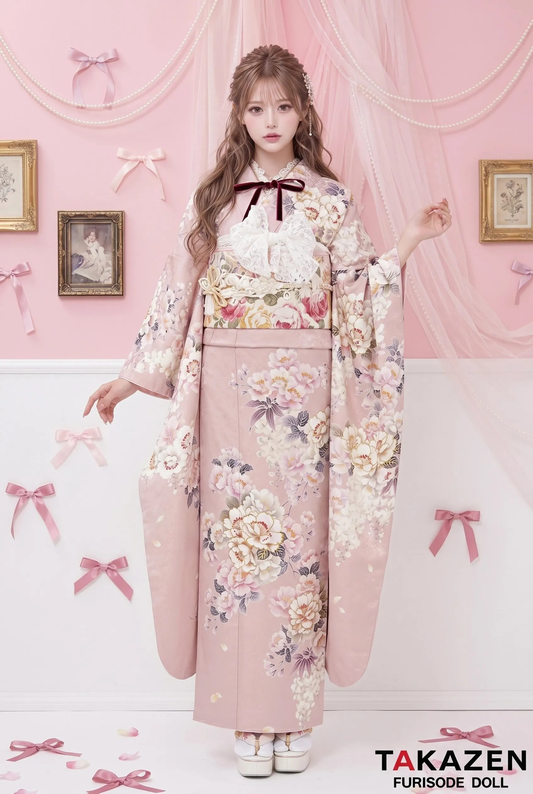くすみカラーガーリー　淡色/ピンク　牡丹柄　トレンド　淡い色　かわいい振袖ネットレンタル　香音(かのん)ちゃん　23041