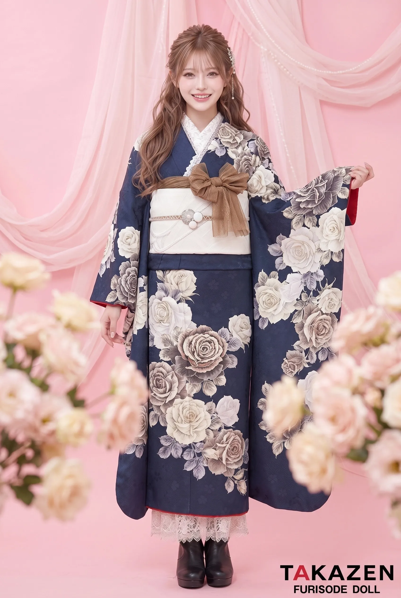 くすみカラーガーリー　紺色/ネイビー/グレー　薔薇柄　おしゃれ　かわいい振袖　レースインナー/ブーツコーデ　香音ちゃん　24015