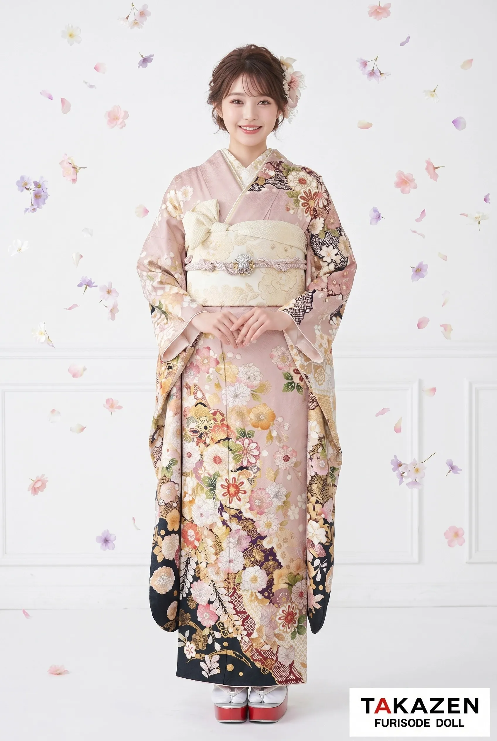 くすみカラー古典　薄ピンク/やわらかい色　辻が花　大人っぽい　くすみ系　低身長さんにもおすすめの振袖　ブーツコーデ　南琴奈　24023