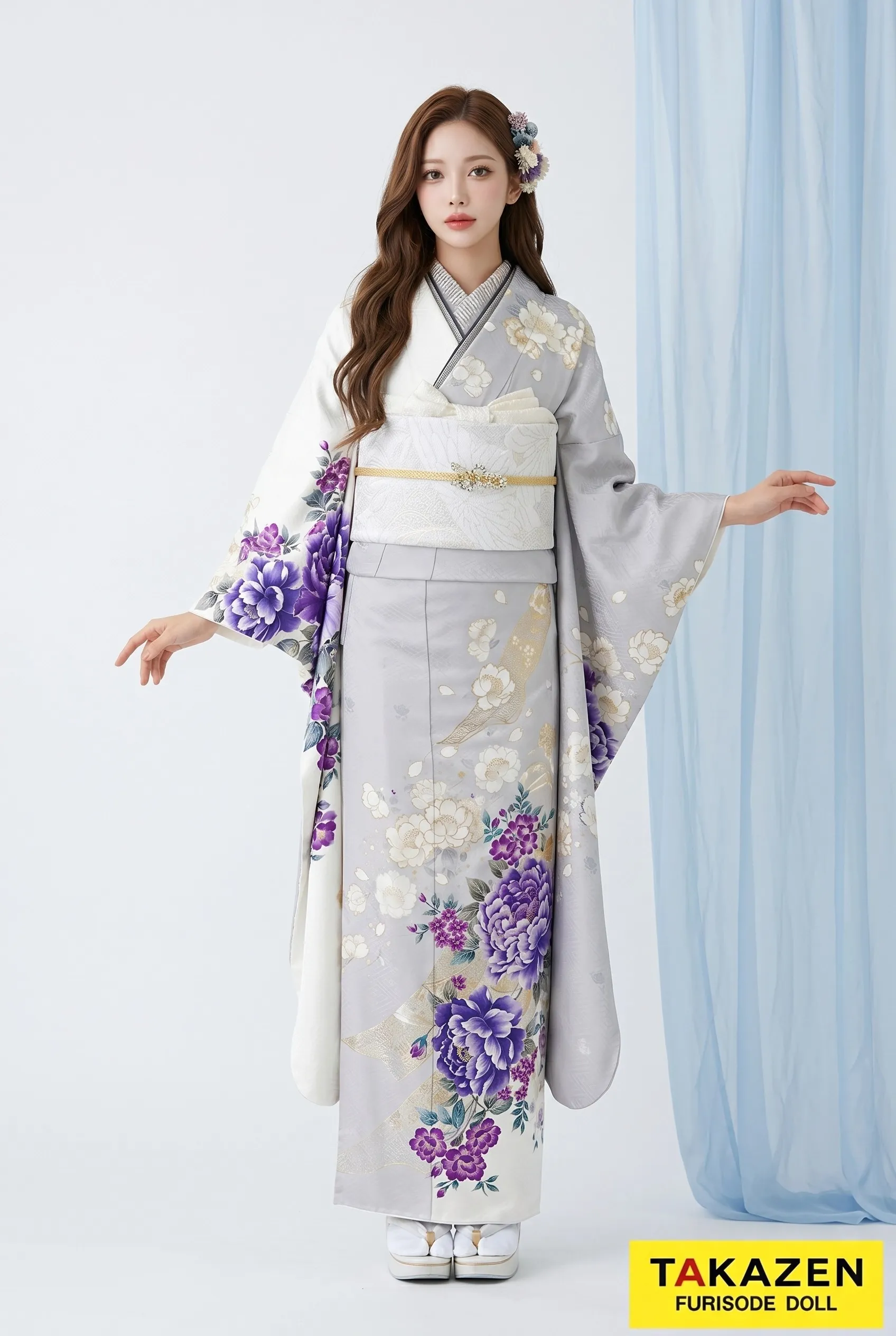 くすみカラー古典　グレー/白/紫　ボタン柄　淡い色　ダスティーカラー　シンプル　大人っぽい　片身変わり　バイカラー　24024