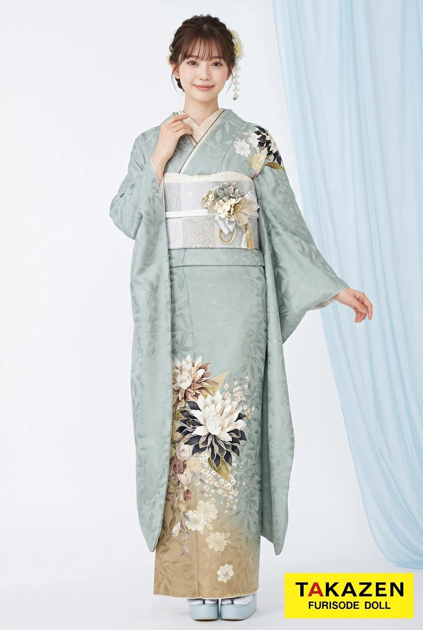 正統派古典　くすみグリーン/淡色　大人っぽいシック　低身長さんにもおすすめ振袖通販　アンティーク調　南琴奈　24051
