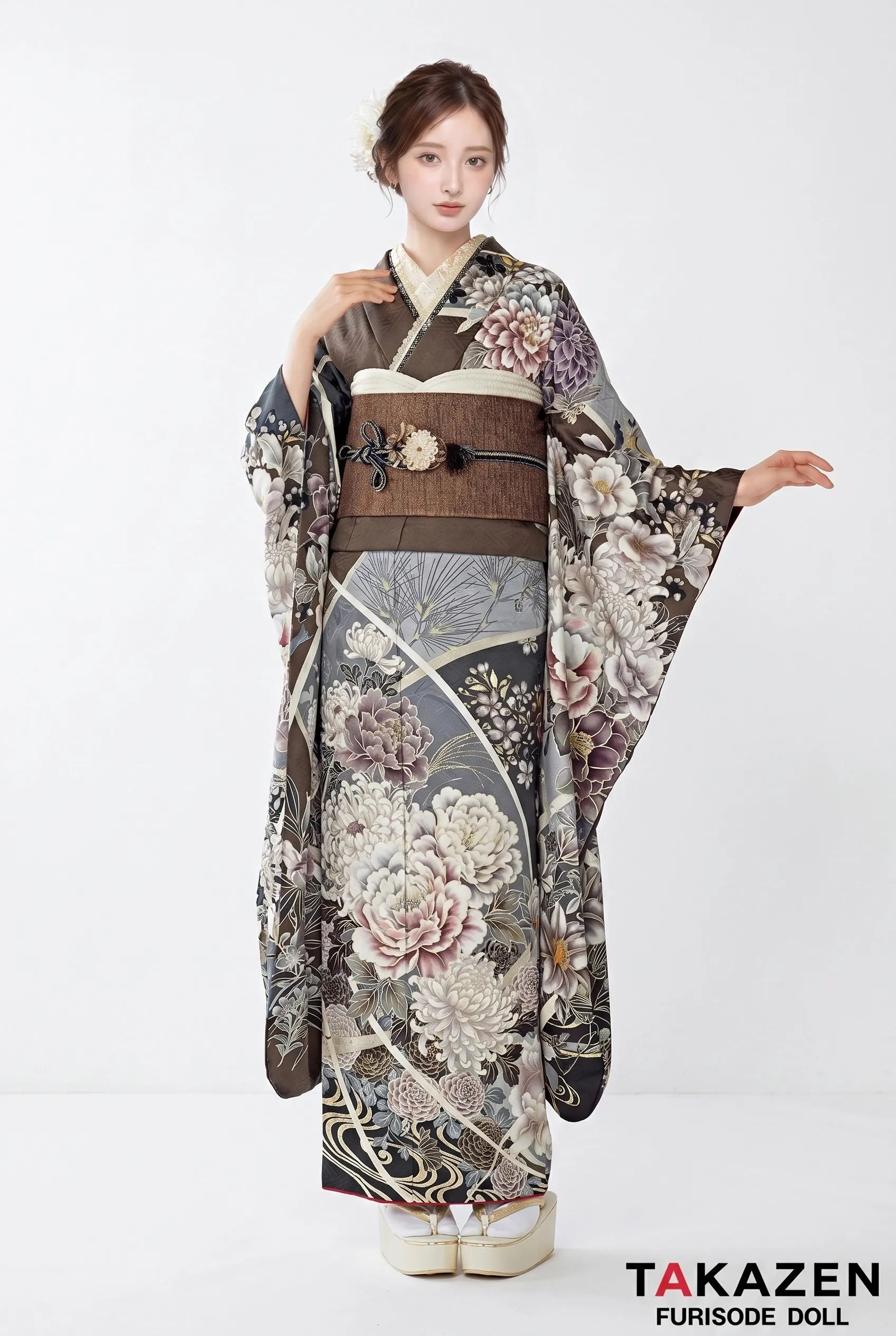 くすみカラー古典　グレー/ブラウン/ダスティーカラー　牡丹柄　大人っぽい　柄多め　かっこいい振袖　25023