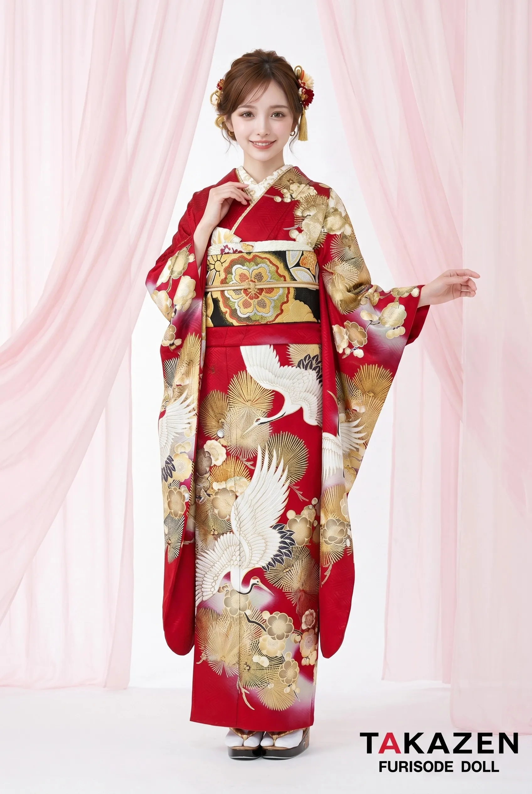 正統派古典　赤/金　鶴柄/針松柄　豪華　華やか　綺麗　クラシカル　金彩京友禅　天翔愛　25061