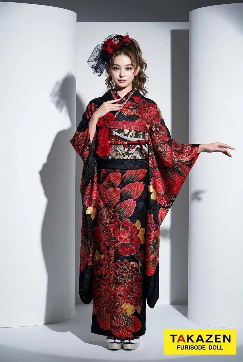 モード　黒/赤/金　牡丹柄/和柄　華やか　大人っぽい　ギャル振袖　グラマラス系　豪華　セクシー　花魁風振袖　中村りおん　32109