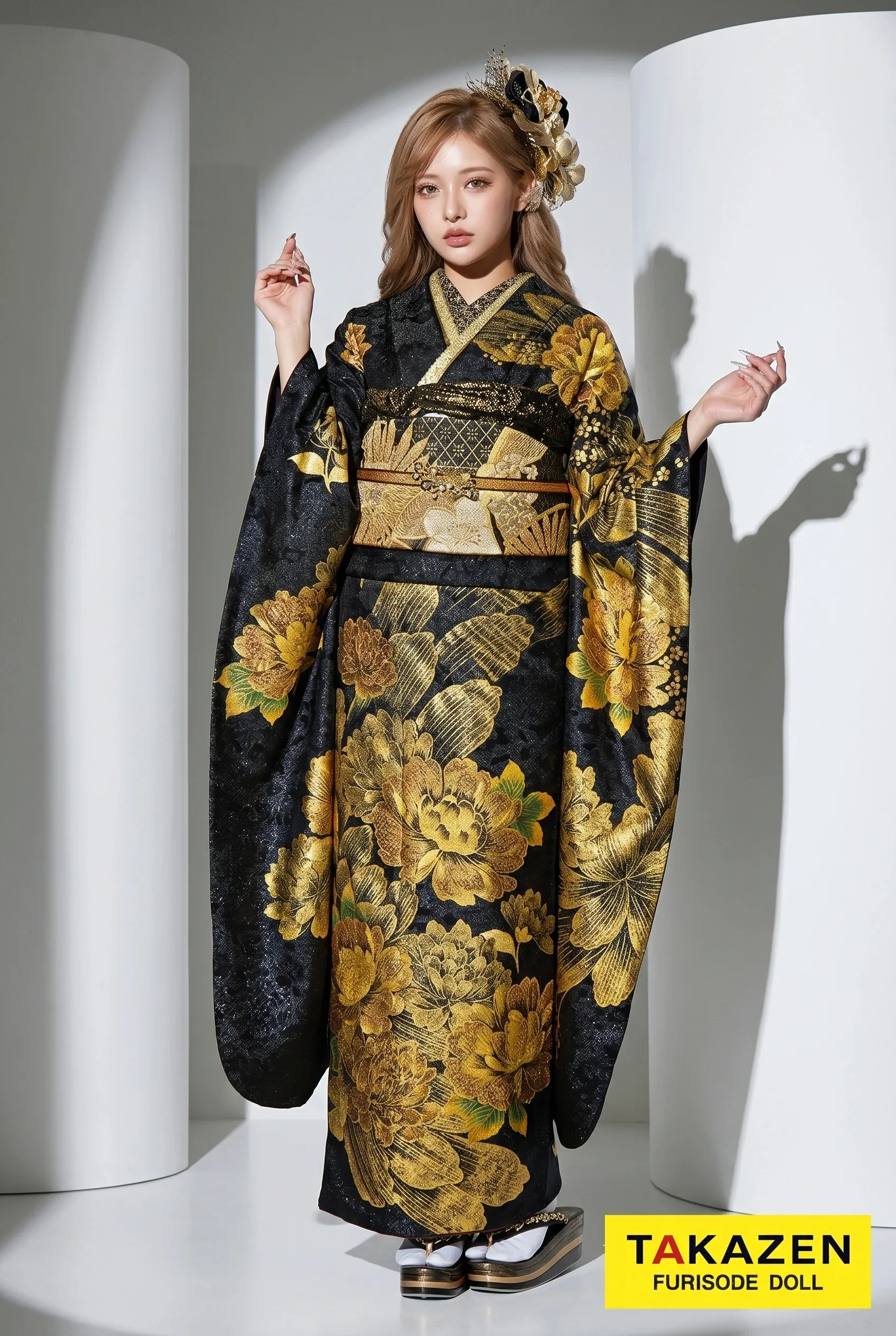 かっこいい系　黒/金/ゴールド　牡丹柄　派手　人気　大人っぽい　綺麗系振袖　ギャル　渋い　グラマラス　聖菜　32110