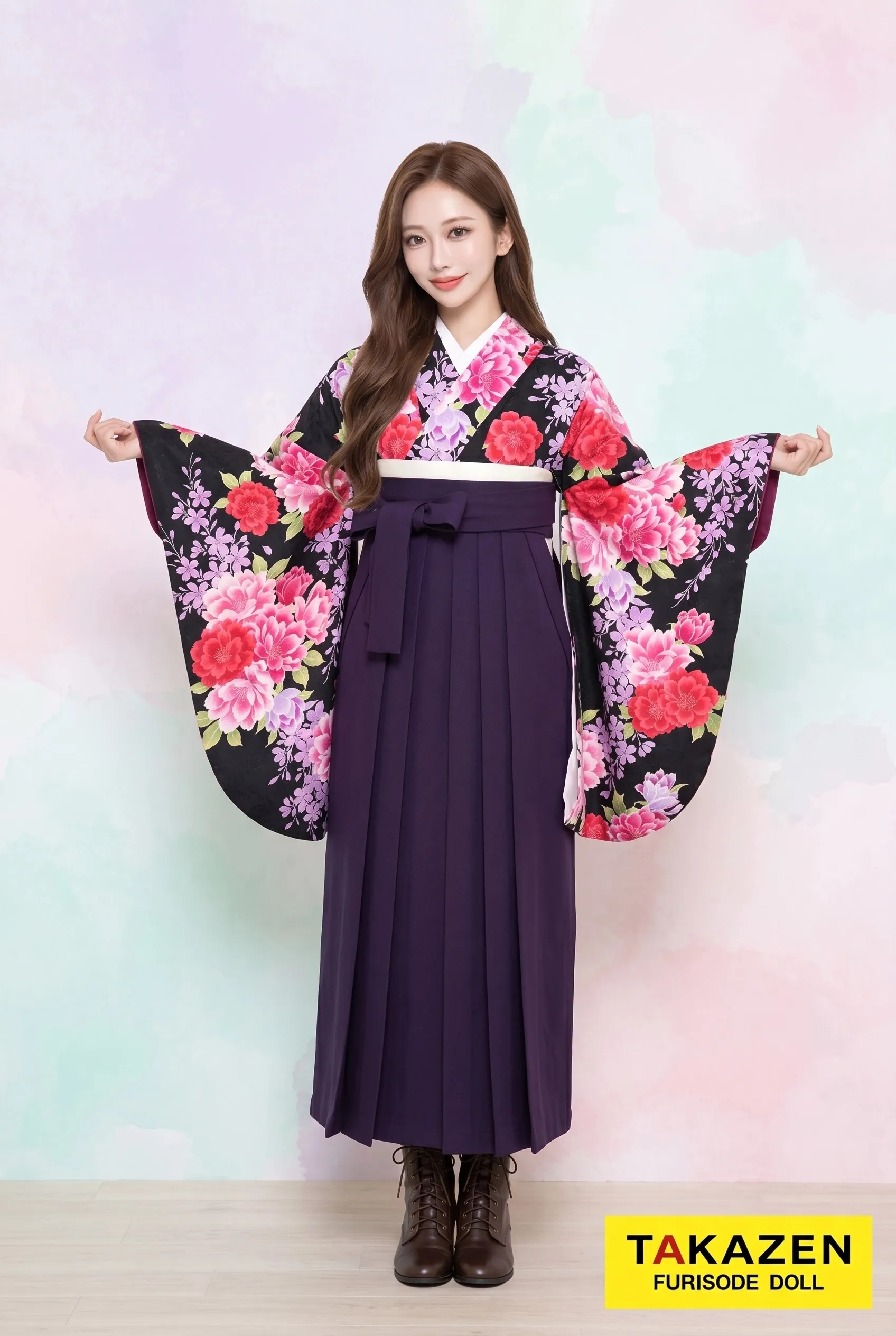 格安地雷系袴　黒地/ピンク　ボタン柄　かっこいい　個性的　安い袴ネットレンタル　Y7