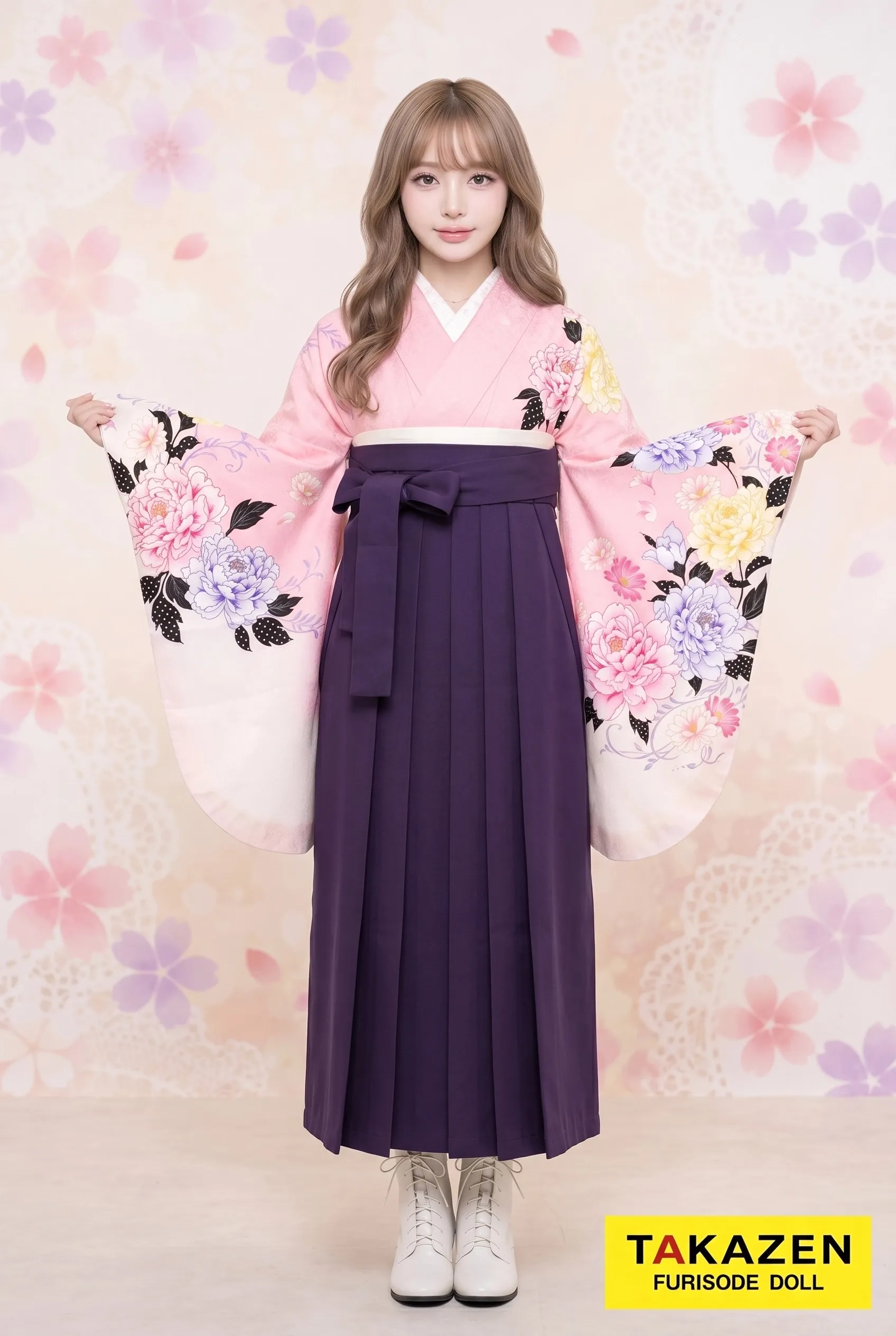 格安量産型袴　ピンク/淡い色　牡丹柄　かわいい系 　安い　人気　プチプラ袴ネットレンタル　Y12